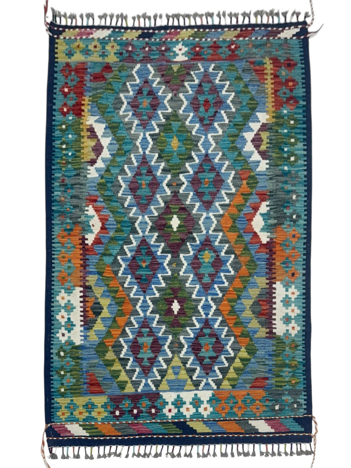 Afghan Kilim Rug 4x5, Teal, Blue & Green, Hand-Woven Wool Flatweave