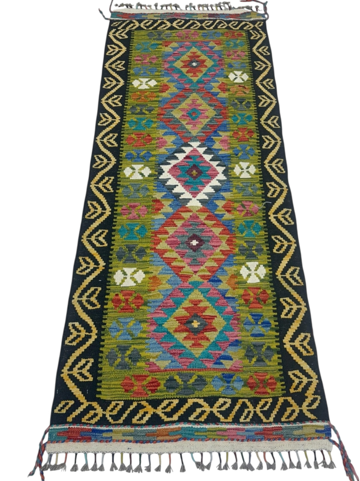 Afghan Kilim Runner 3x7, Olive Green, Black & Gold, Hand-Woven Wool Flatweave, view 2