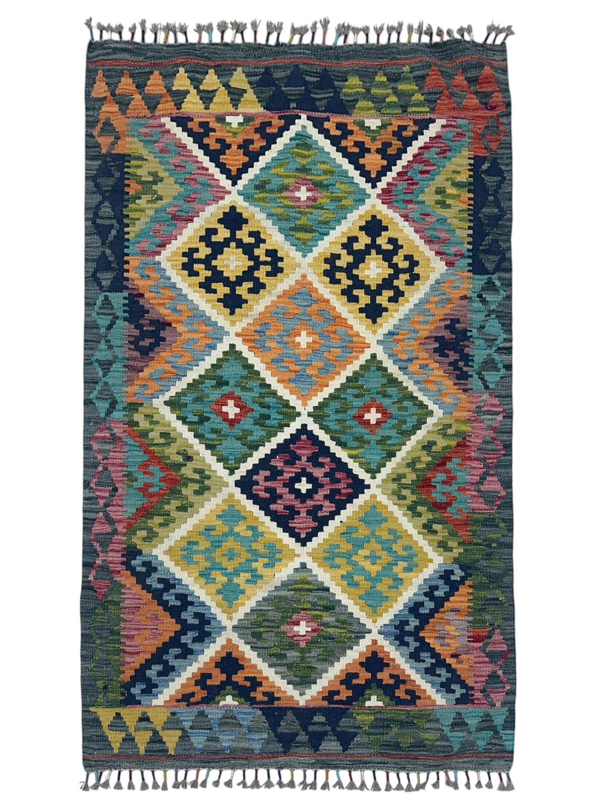 Afghan Kilim Rug 3x5, Green, Ivory & Gold, Hand-Woven Wool Flatweave