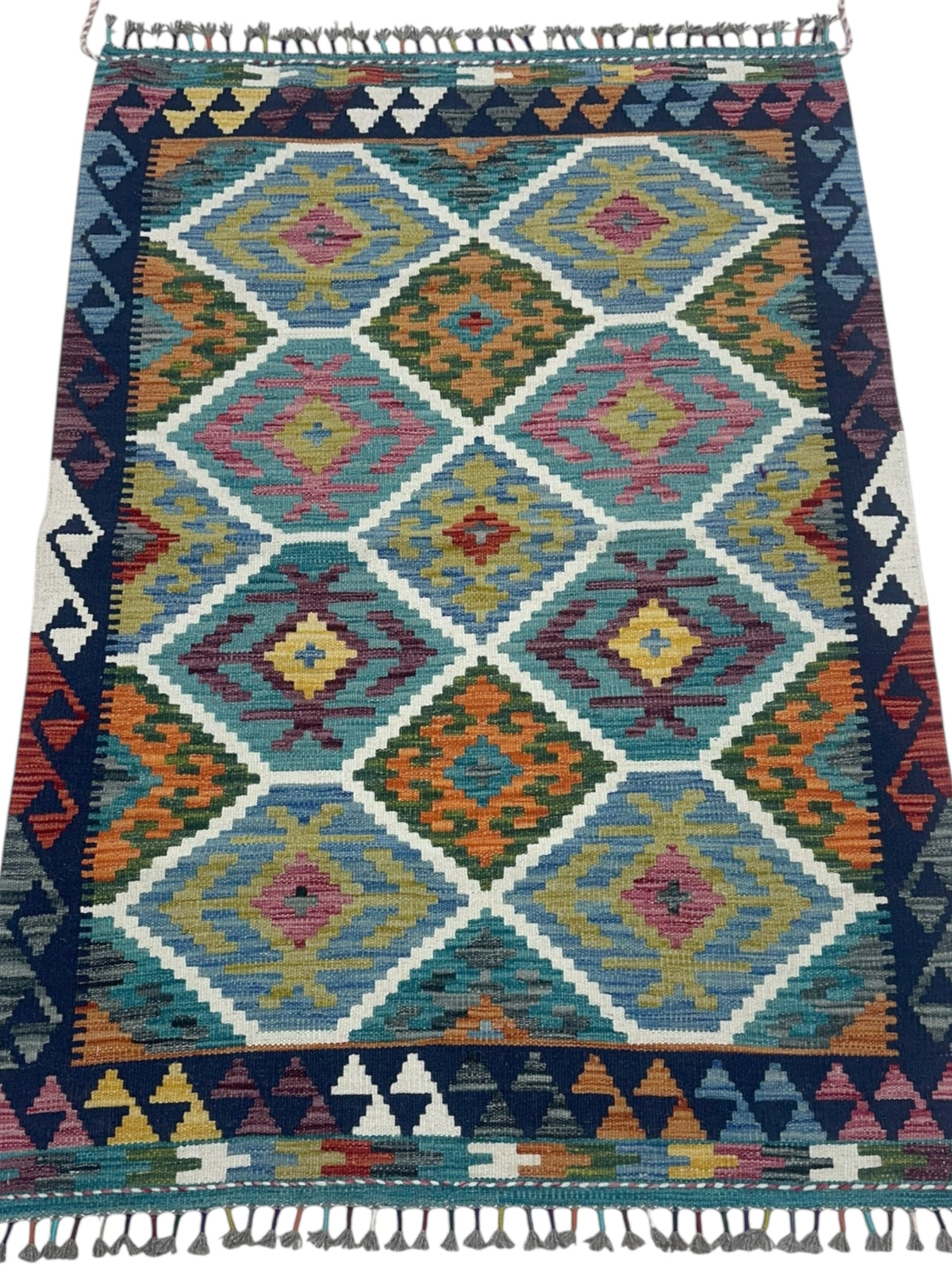 Afghan Kilim Rug 3x5, Blue, Navy & Orange, Hand-Woven Wool Flatweave, view 2