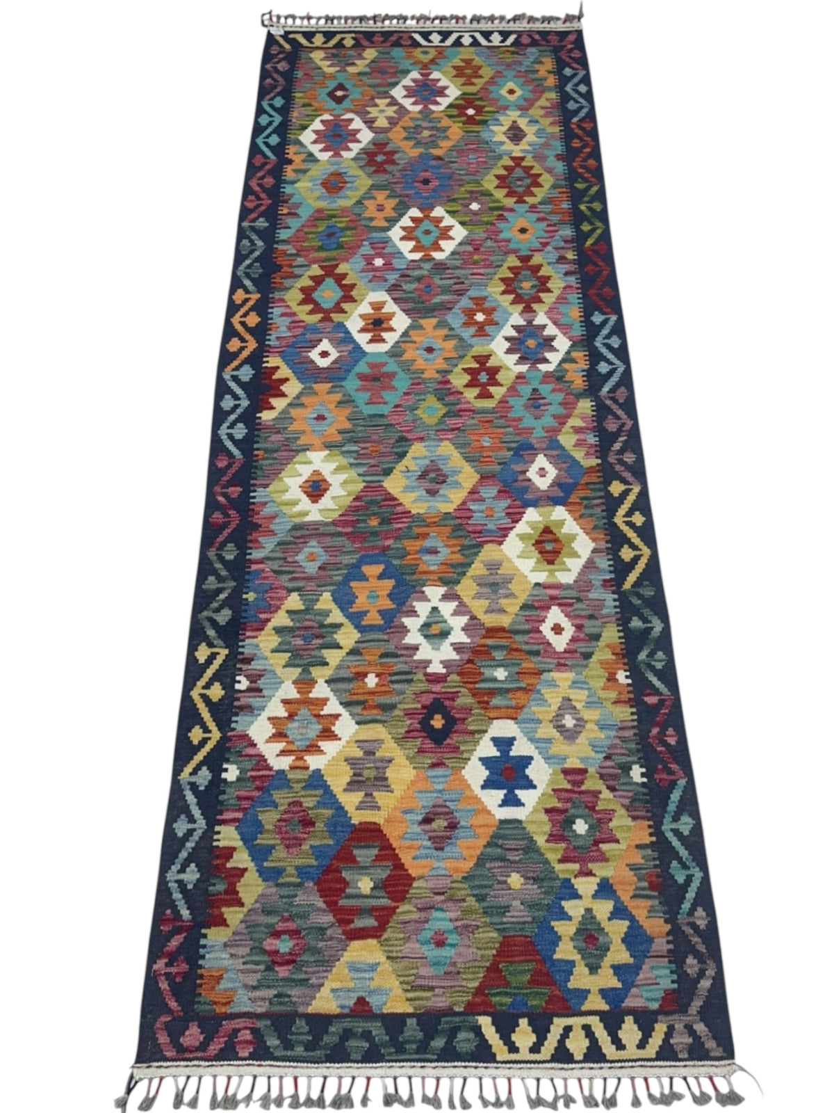 Afghan Kilim Runner 3x10, Navy, Blue & Rust, Hand-Woven Wool Flatweave, view 2