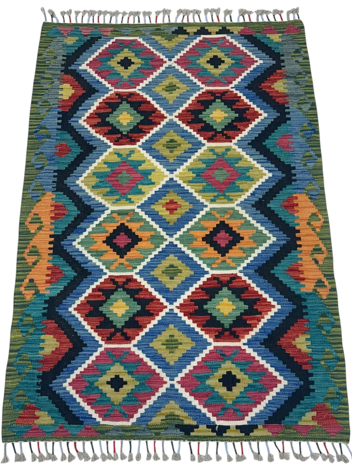 Afghan Kilim Rug 3x5, Green, Teal & Red, Hand-Woven Wool Flatweave, view 2