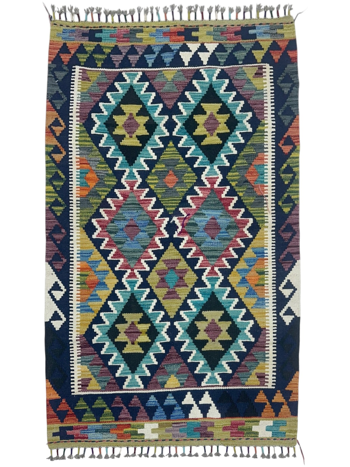 Afghan Kilim Rug 3x5, Navy, Olive Green & Teal, Hand-Woven Wool Flatweave