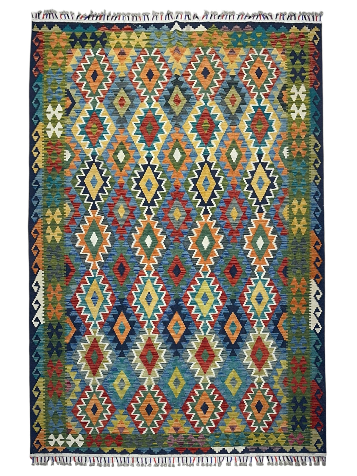 Afghan Kilim Rug 6x8, Orange, Blue & Navy, Hand-Woven Wool Flatweave