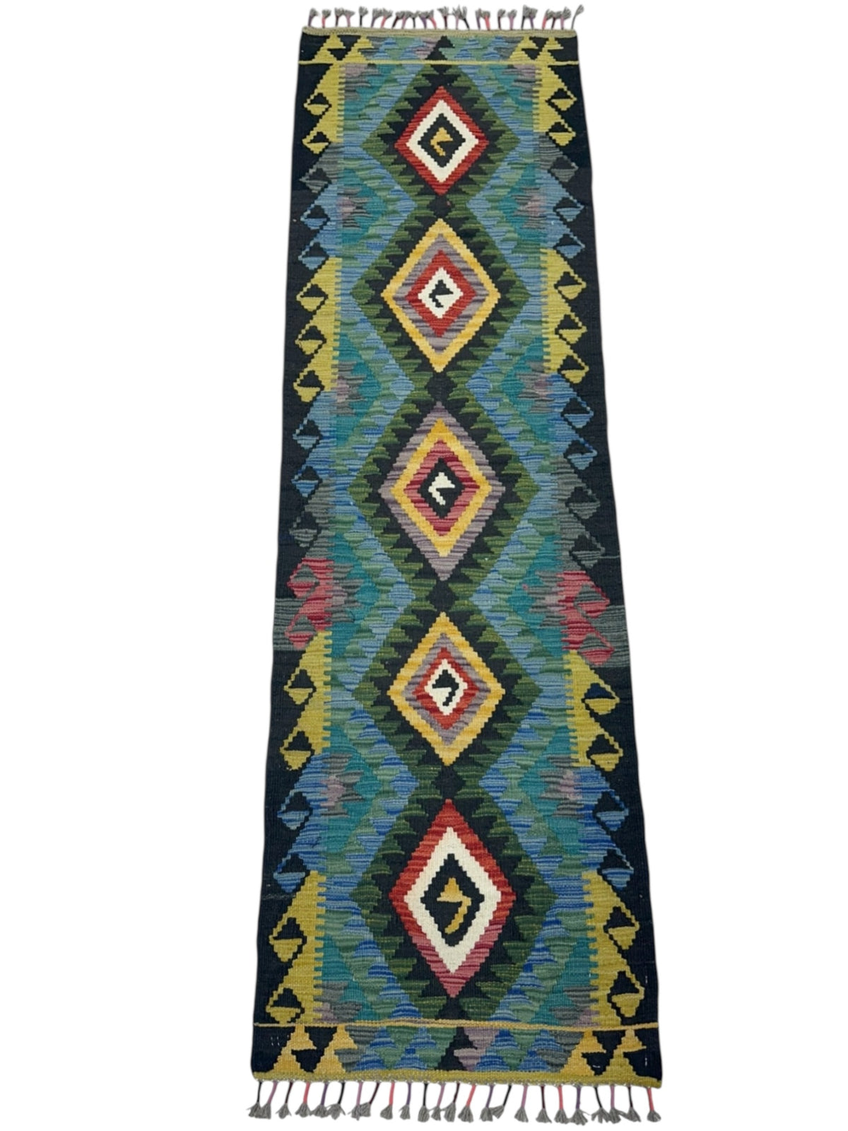 Afghan Kilim Runner 2x7, Black, Teal & Olive Green, Hand-Woven Wool Flatweave, view 2