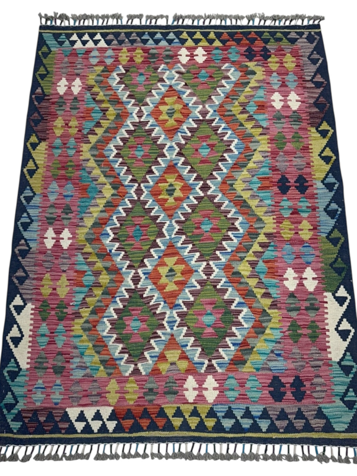 Afghan Kilim Rug 3x5, Pink, Navy & Green, Hand-Woven Wool Flatweave, view 2