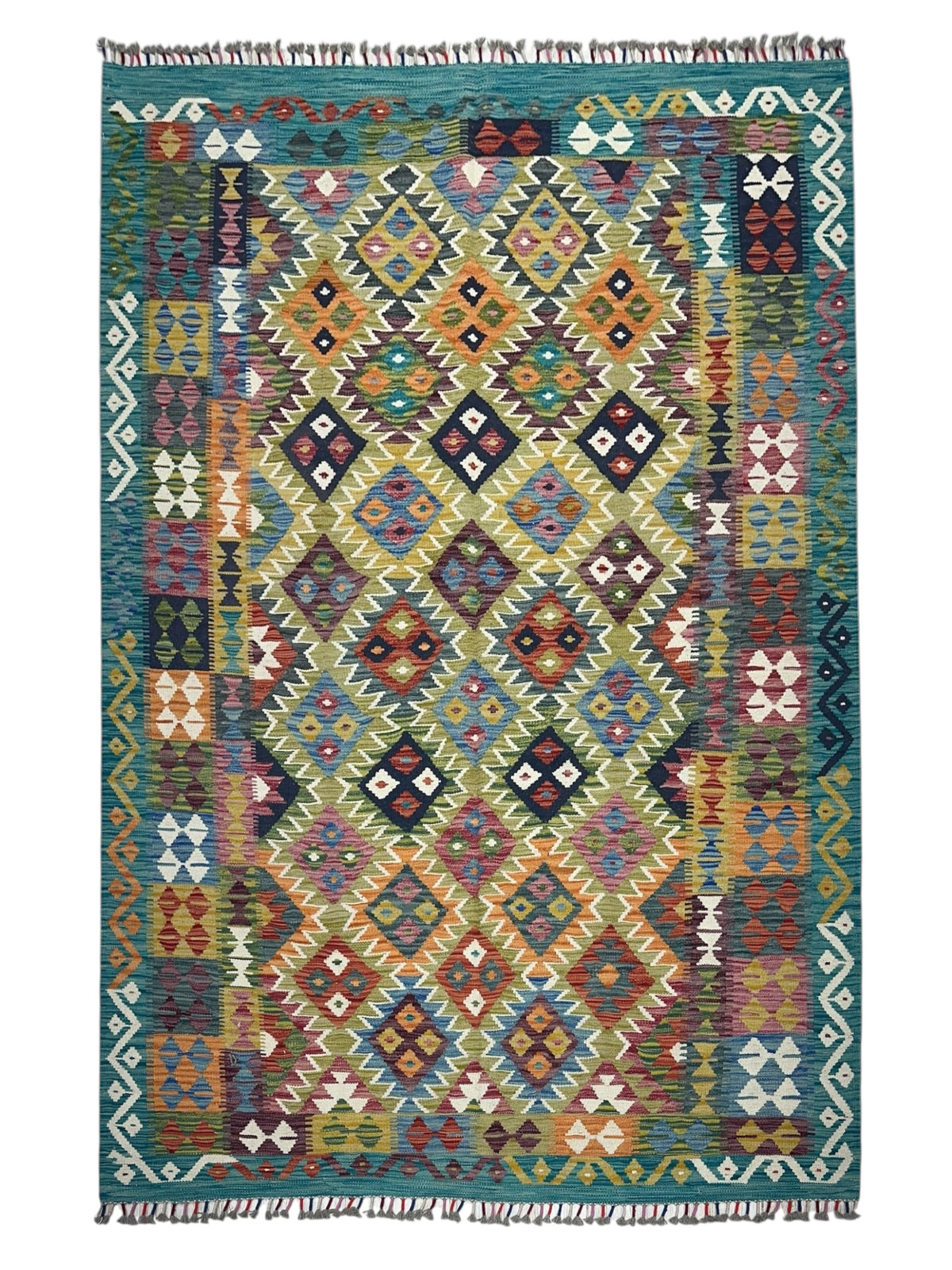Afghan Kilim Rug 6x8, Gold, Teal & Orange, Hand-Woven Wool Flatweave