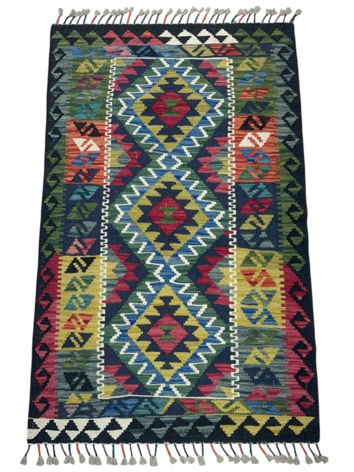 Afghan Kilim Rug 3x4, Black, Blue & Red, Hand-Woven Wool Flatweave, view 2