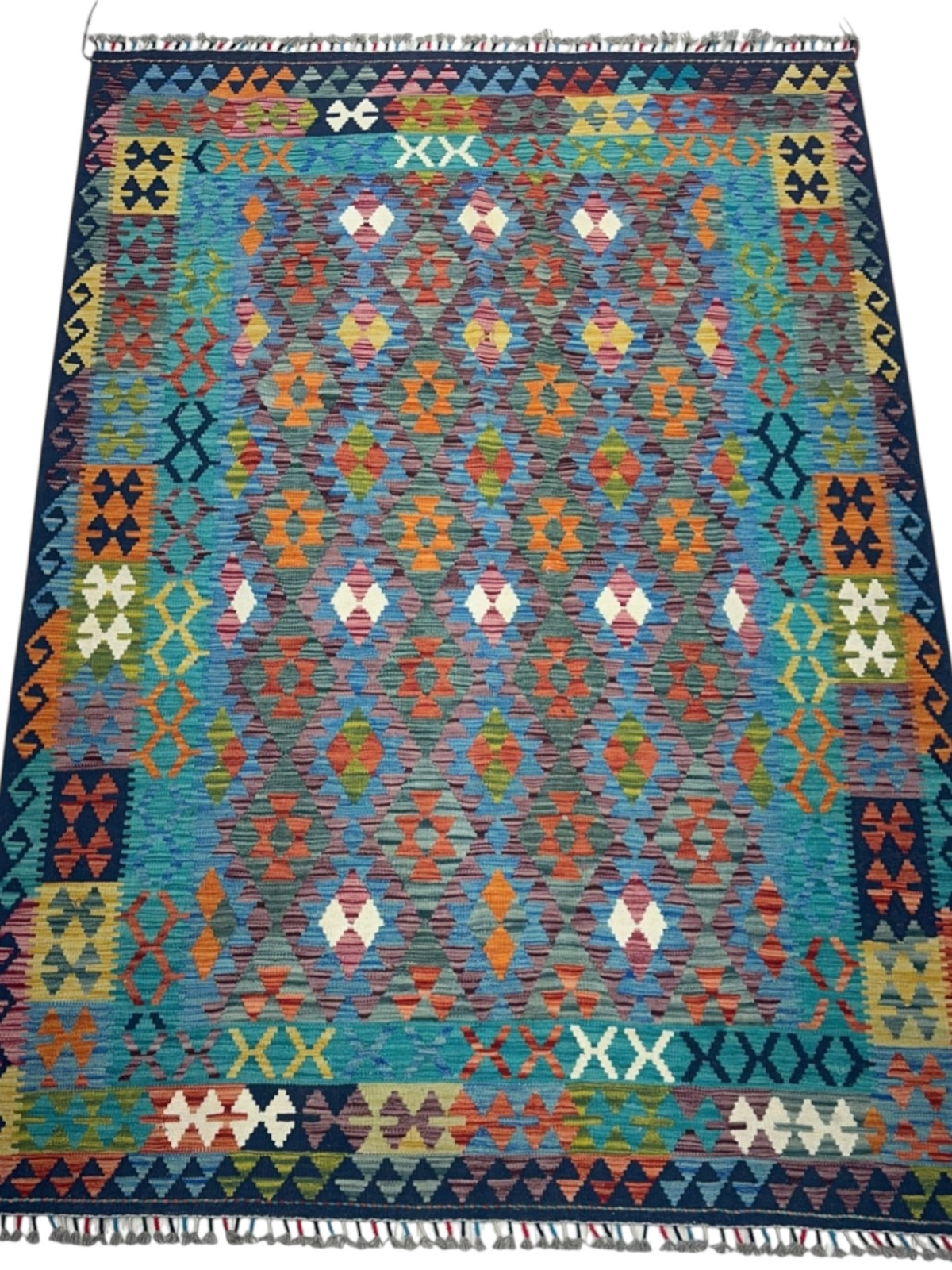 Afghan Kilim Rug 6x8, Teal, Blue & Orange, Hand-Woven Wool Flatweave, view 2
