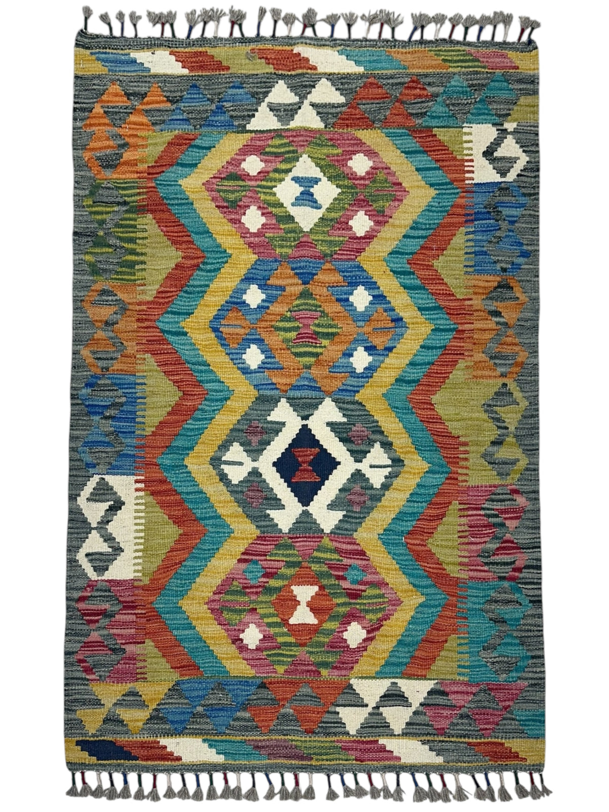 Afghan Kilim Rug 3x4, Rust, Gold & Teal, Hand-Woven Wool Flatweave