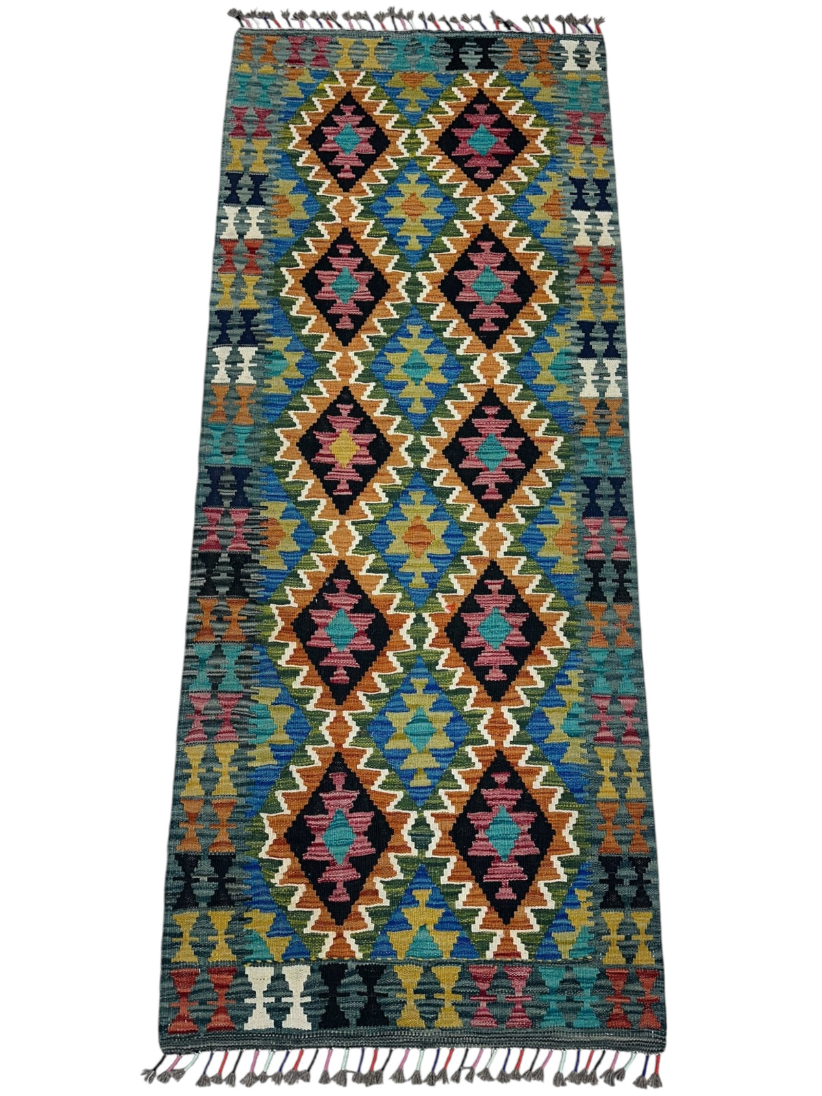 Afghan Kilim Runner 3x7, Teal, Olive Green & Rust, Hand-Woven Wool Flatweave, view 2