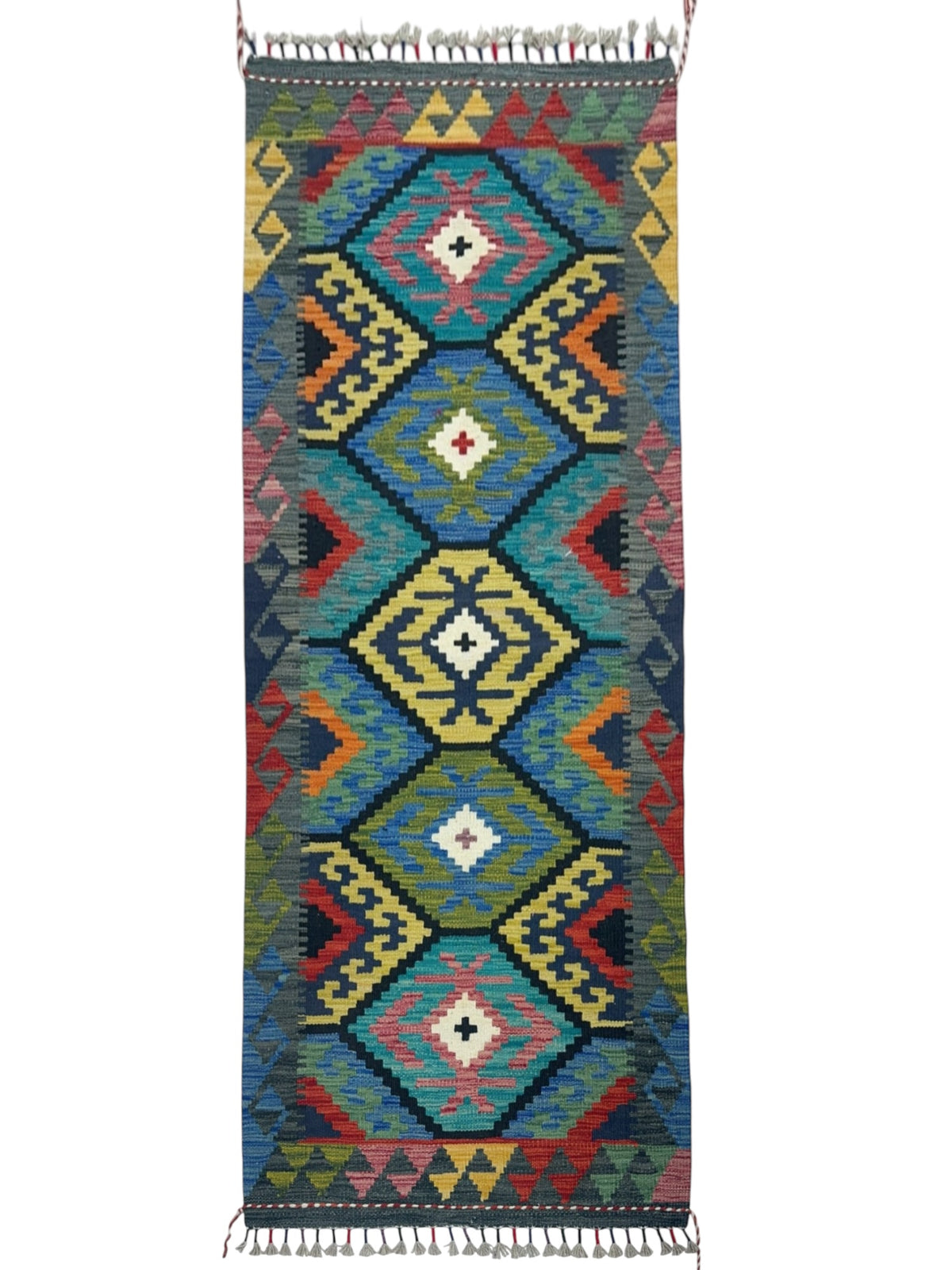 Afghan Kilim Runner 3x6, Teal, Olive Green & Gold, Hand-Woven Wool Flatweave