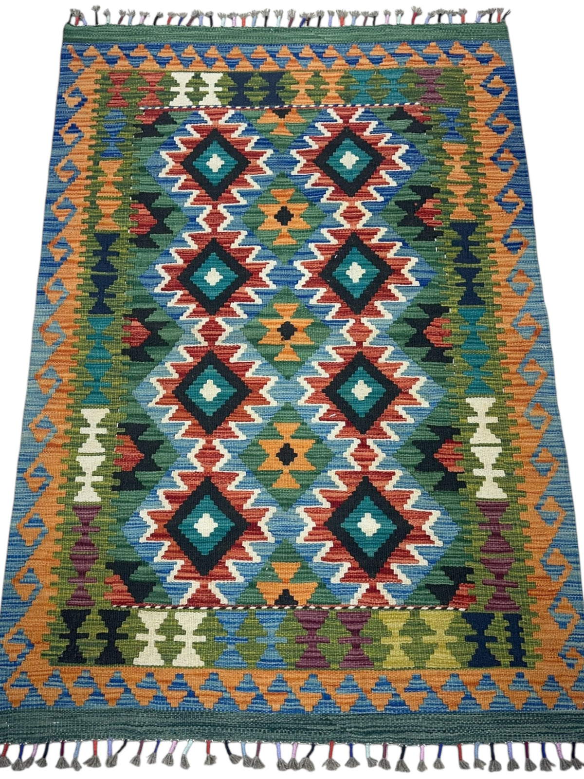 Afghan Kilim Runner 3x6, Green, Orange & Black, Hand-Woven Wool Flatweave, view 2