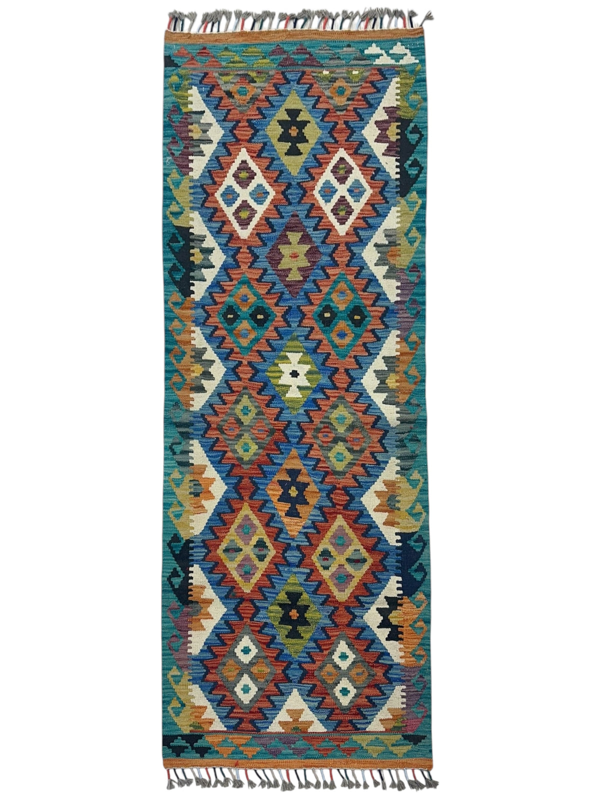Afghan Kilim Runner 3x6, Teal, Rust & Navy, Hand-Woven Wool Flatweave