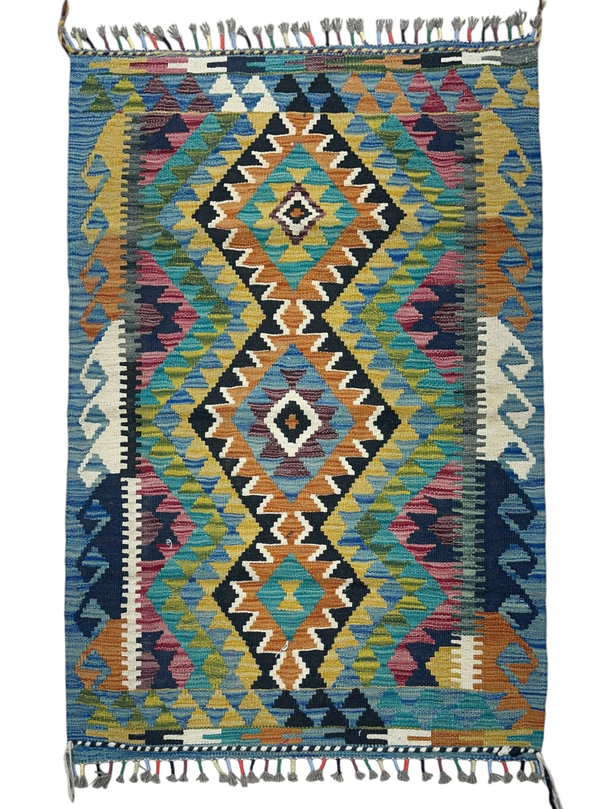 Afghan Kilim Rug 3x4, Teal, Olive Green & Orange, Hand-Woven Wool Flatweave