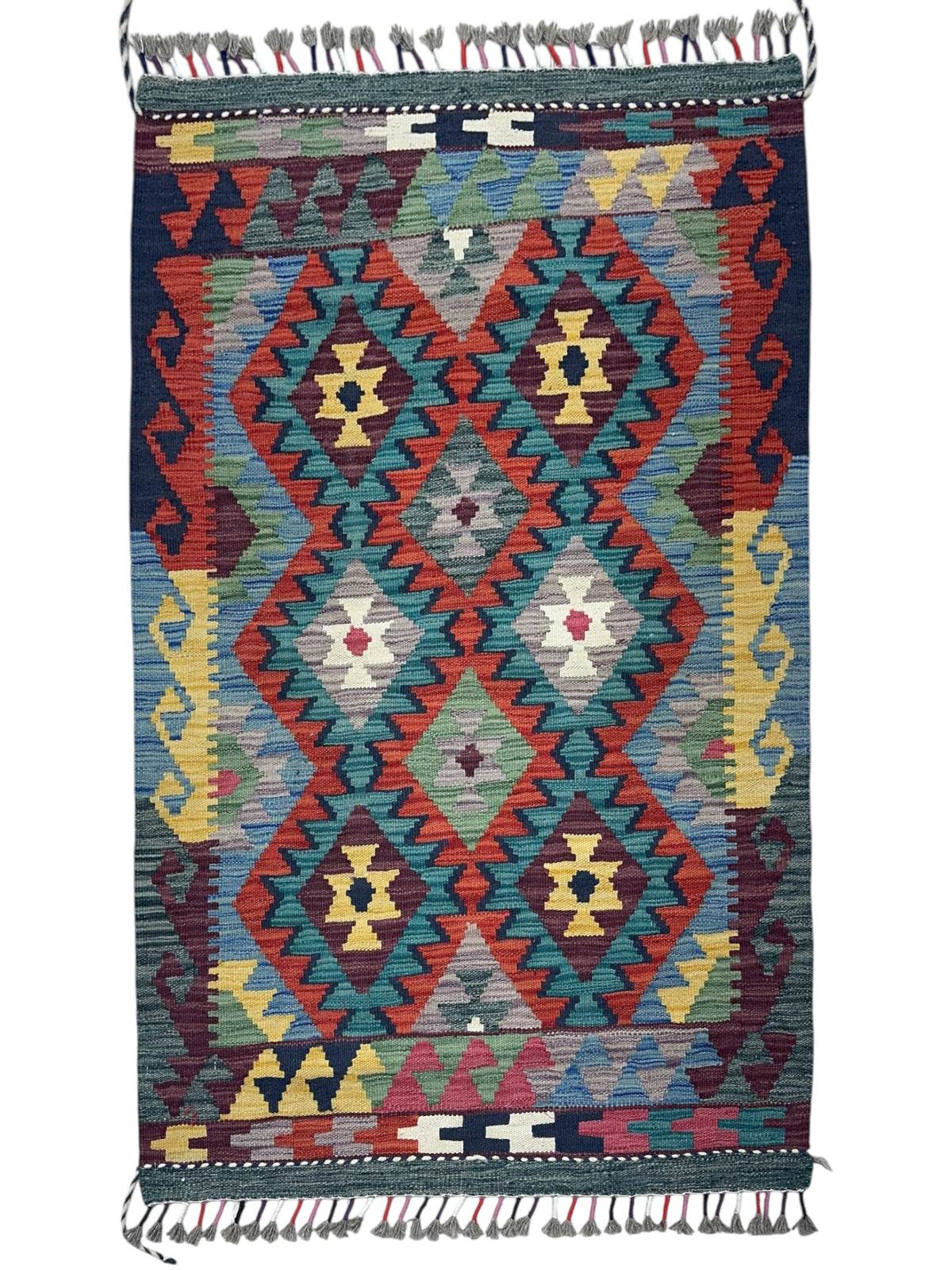 Afghan Kilim Rug 3x4, Navy, Red & Teal, Hand-Woven Wool Flatweave