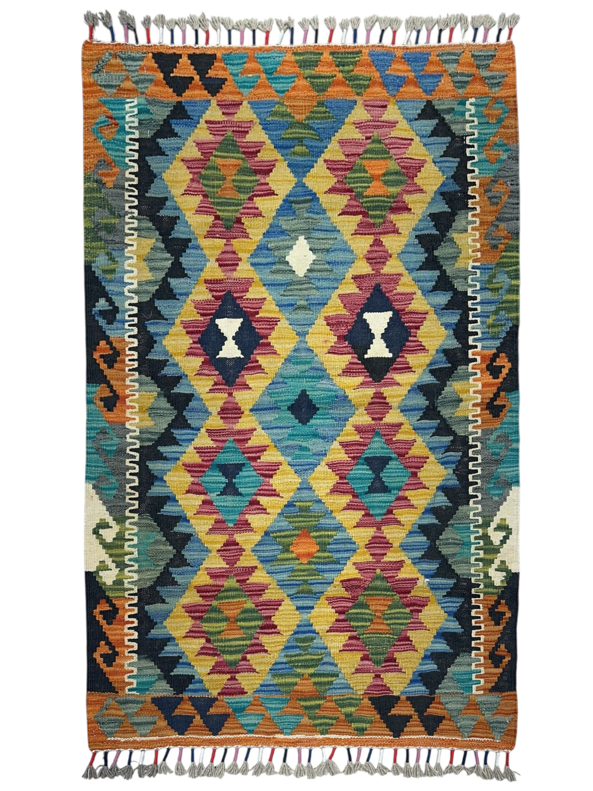 Afghan Kilim Rug 3x4, Gold, Teal & Orange, Hand-Woven Wool Flatweave