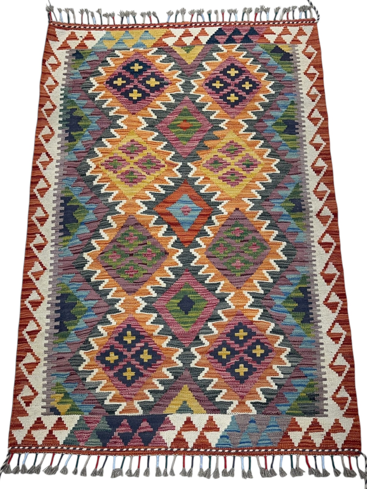 Afghan Kilim Rug 3x5, Rust, Orange & Ivory, Hand-Woven Wool Flatweave, view 2