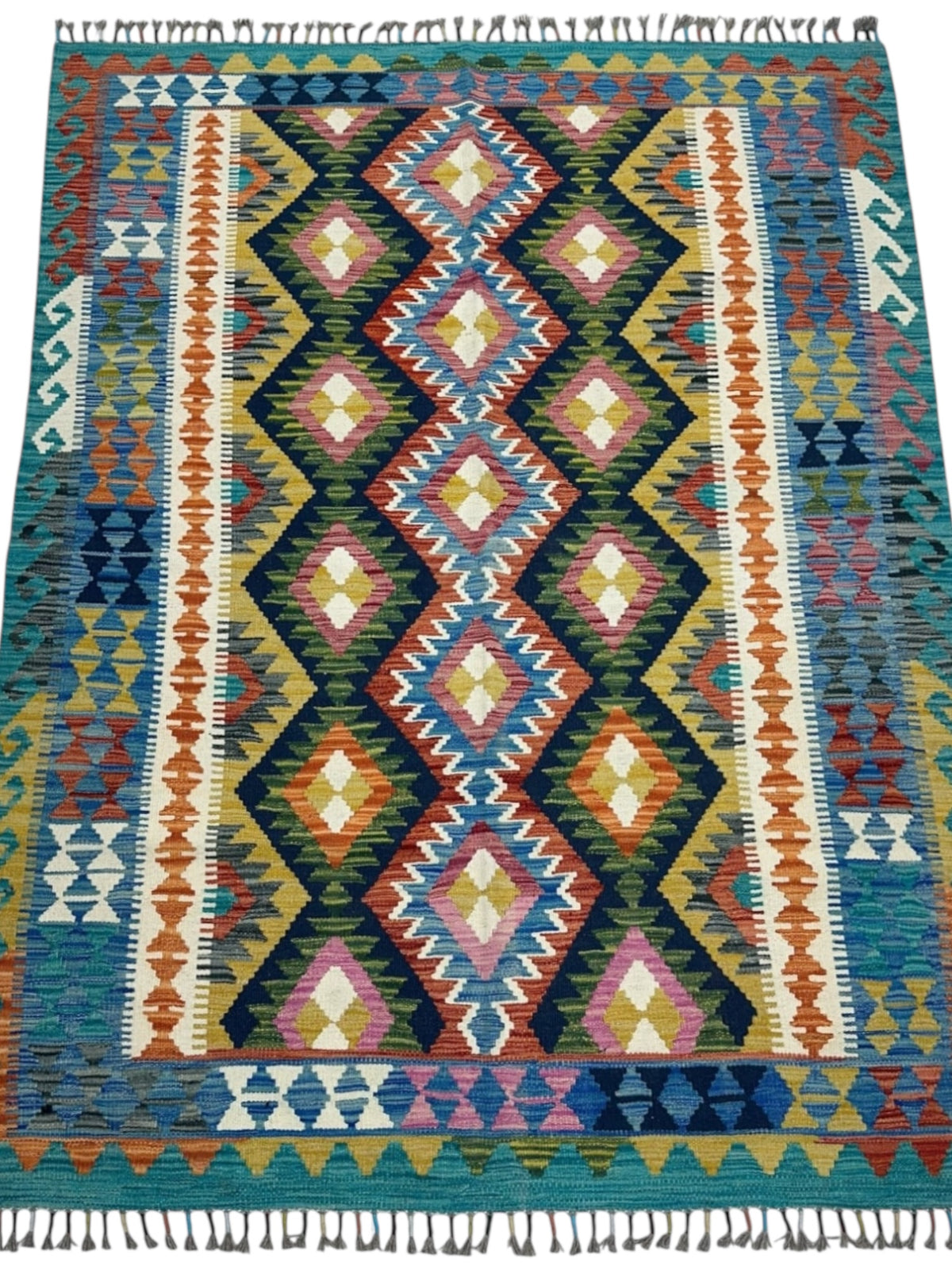Afghan Kilim Rug 5x6, Teal, Black & Orange, Hand-Woven Wool Flatweave, view 2