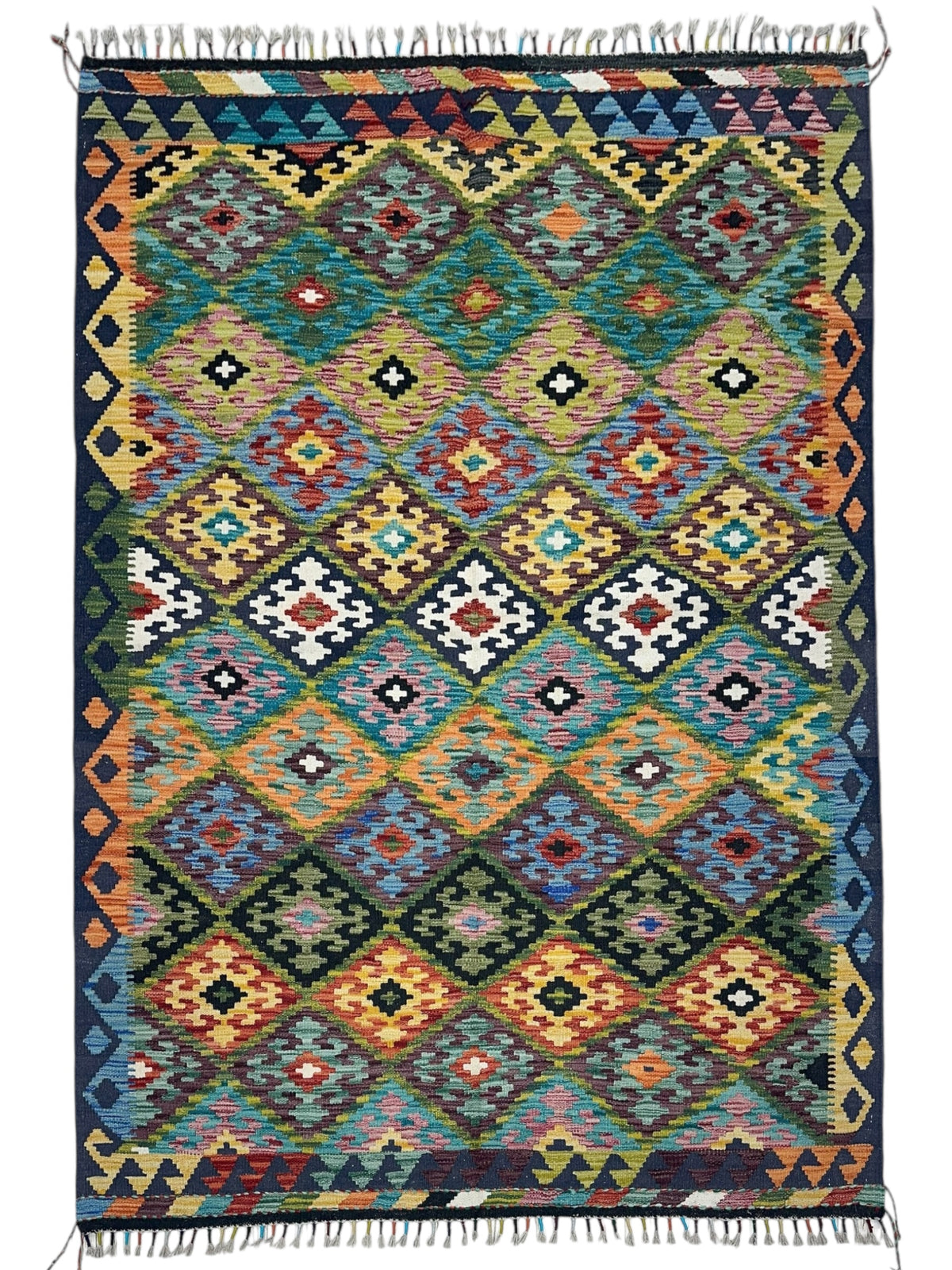 Afghan Kilim Rug 5x7, Green, Gold & Orange, Hand-Woven Wool Flatweave