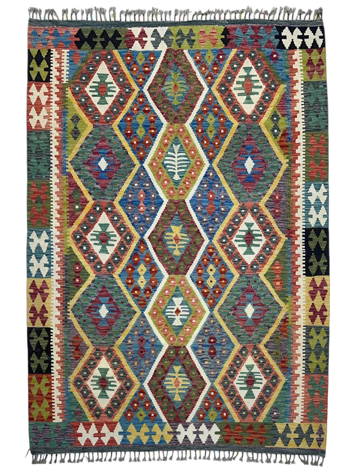 Afghan Kilim Rug 5x6, Rust, Brown & Blue, Hand-Woven Wool Flatweave