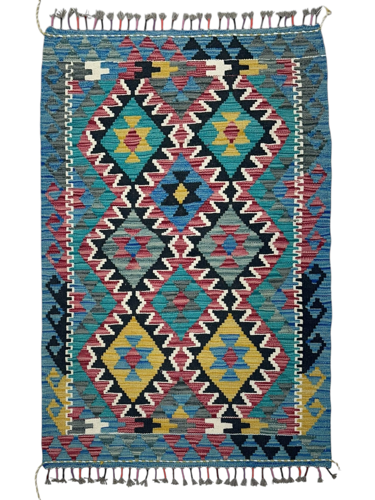 Afghan Kilim Rug 3x4, Teal, Blue & Black, Diamond Lattice Wool Flatweave