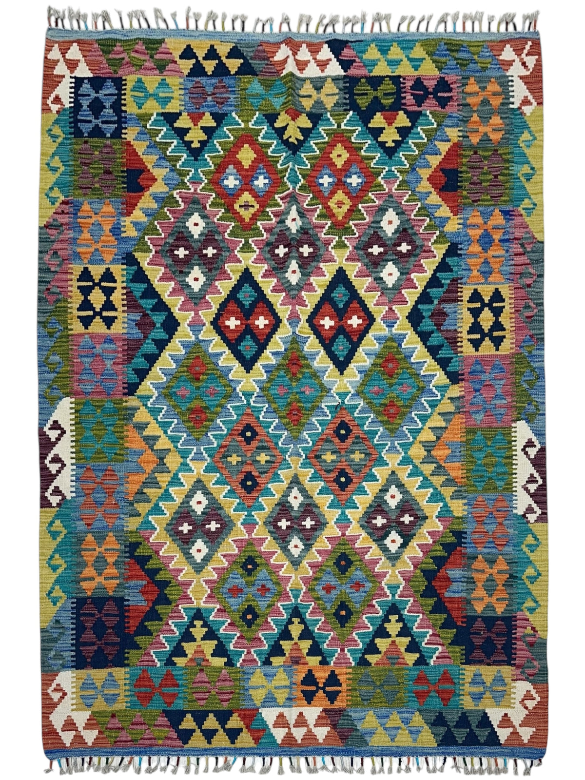 Afghan Kilim Rug 5x6, Teal, Red & Navy, Hand-Woven Wool Flatweave