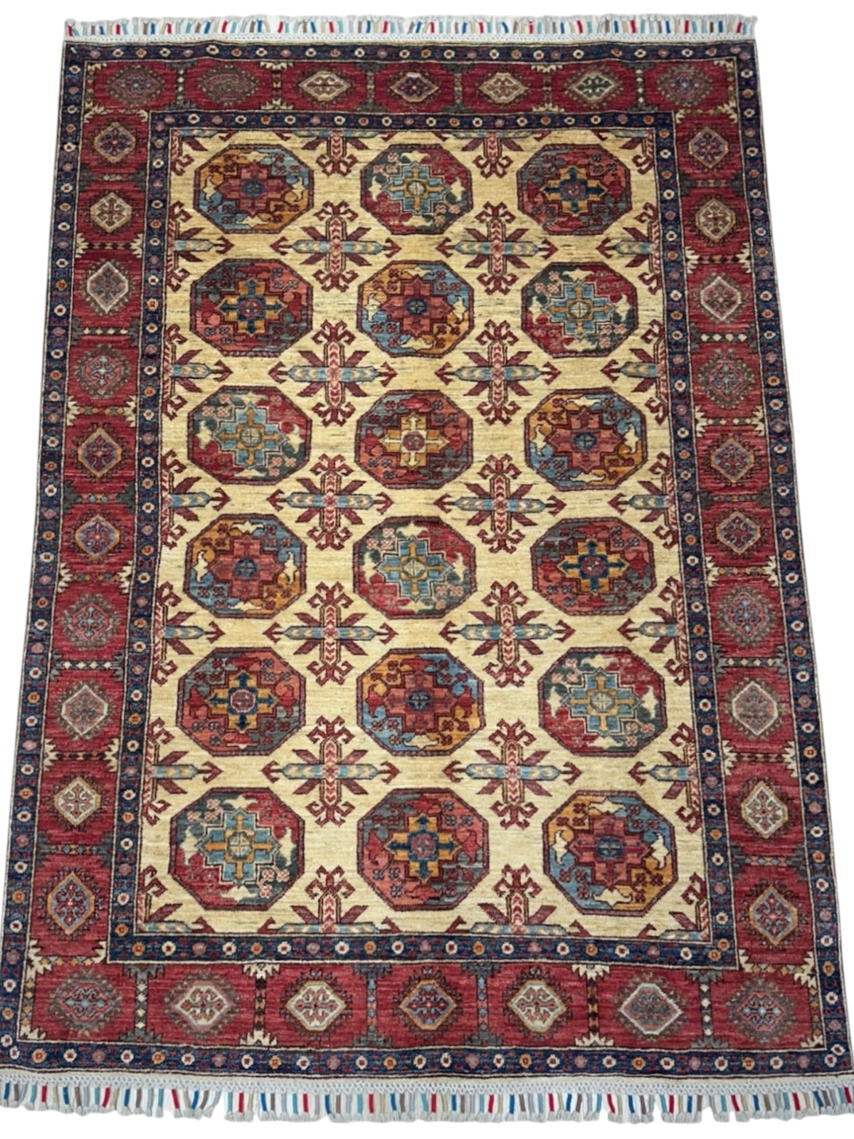Afghan Bukhara Rug 4'10" x 6'9", Hand-Knotted Wool, Cream & Red, view 2