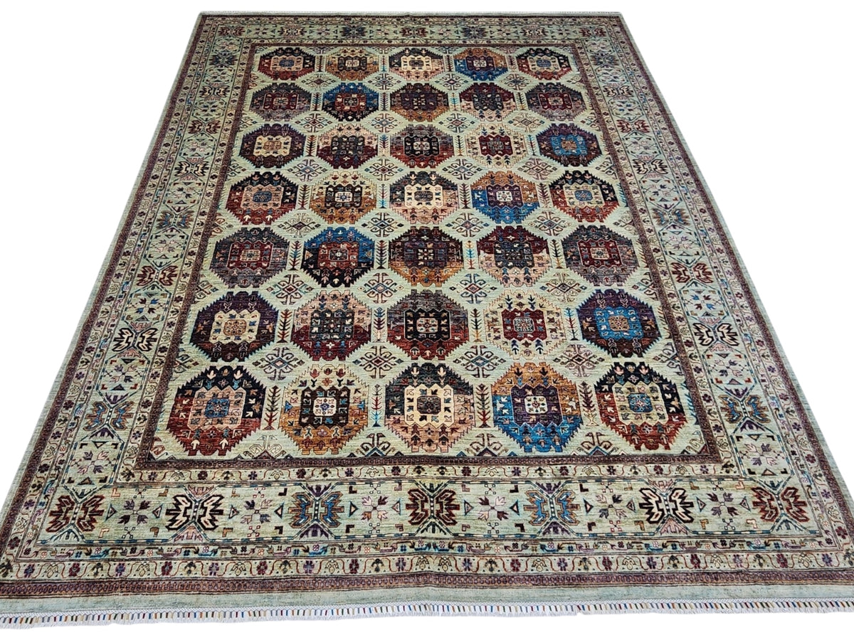 Afghan Kazak Rug 10' x 12'6", Hand-Knotted Wool, Blue, Cream & Gray, view 2