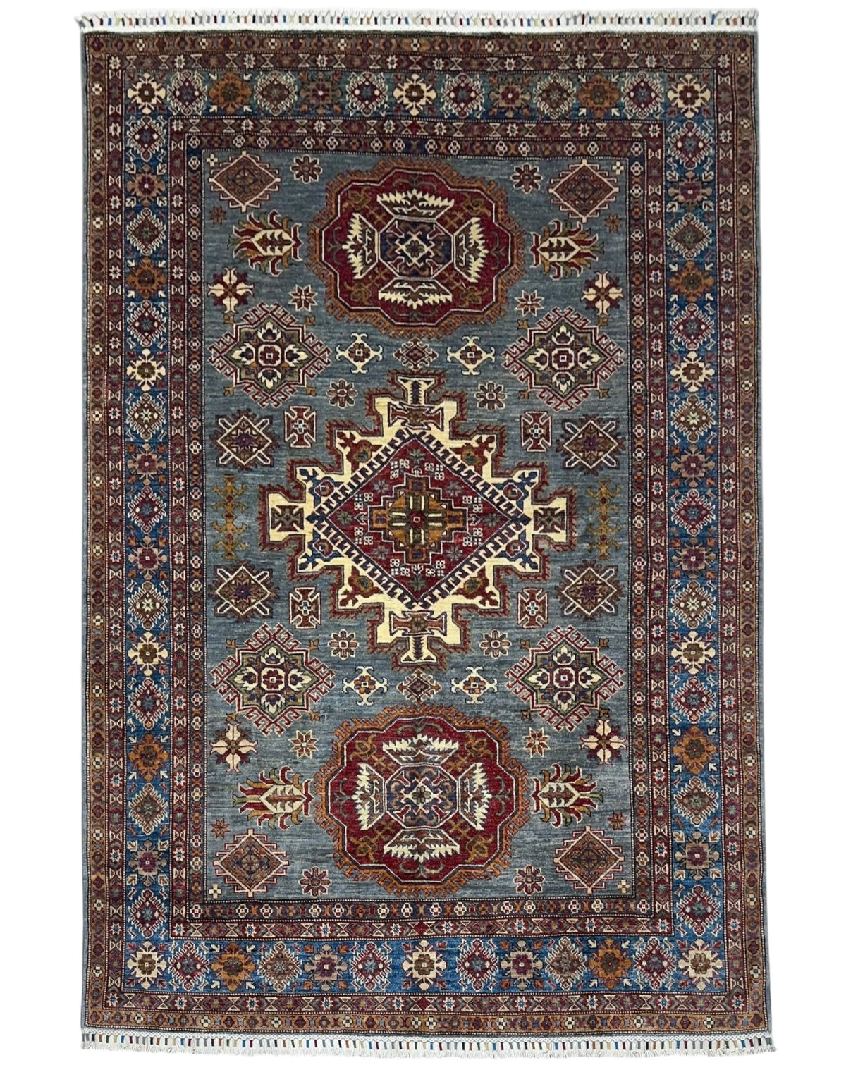 Afghan Kazak Rug 5'10" x 8', Hand-Knotted Wool, Blue
