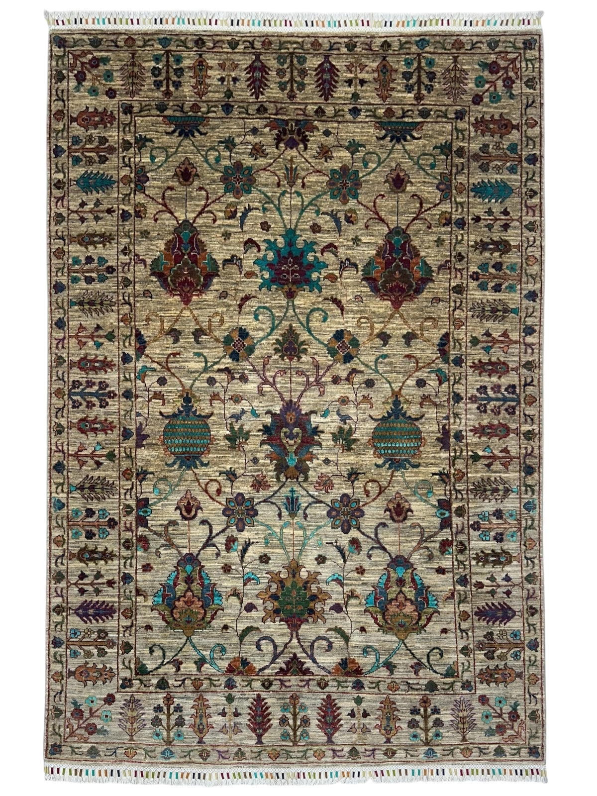 Afghan Kazak Sultani Rug 5'1" x 6'10", Hand-Knotted Wool, Cream