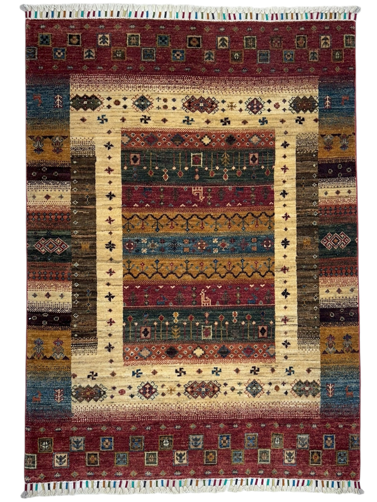 Afghan Gabbeh Rug 3'5" x 4'5", Hand-Knotted Wool, Cream & Red
