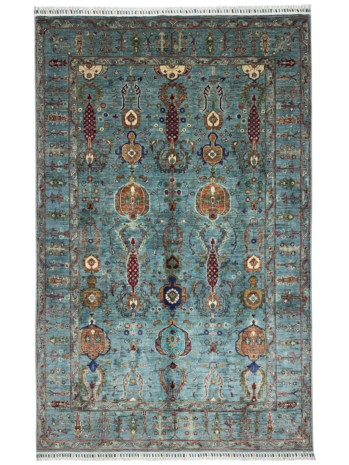 Afghan Chobi Rug 6x8, Light Blue, Rust & Red, Hand-Knotted Wool