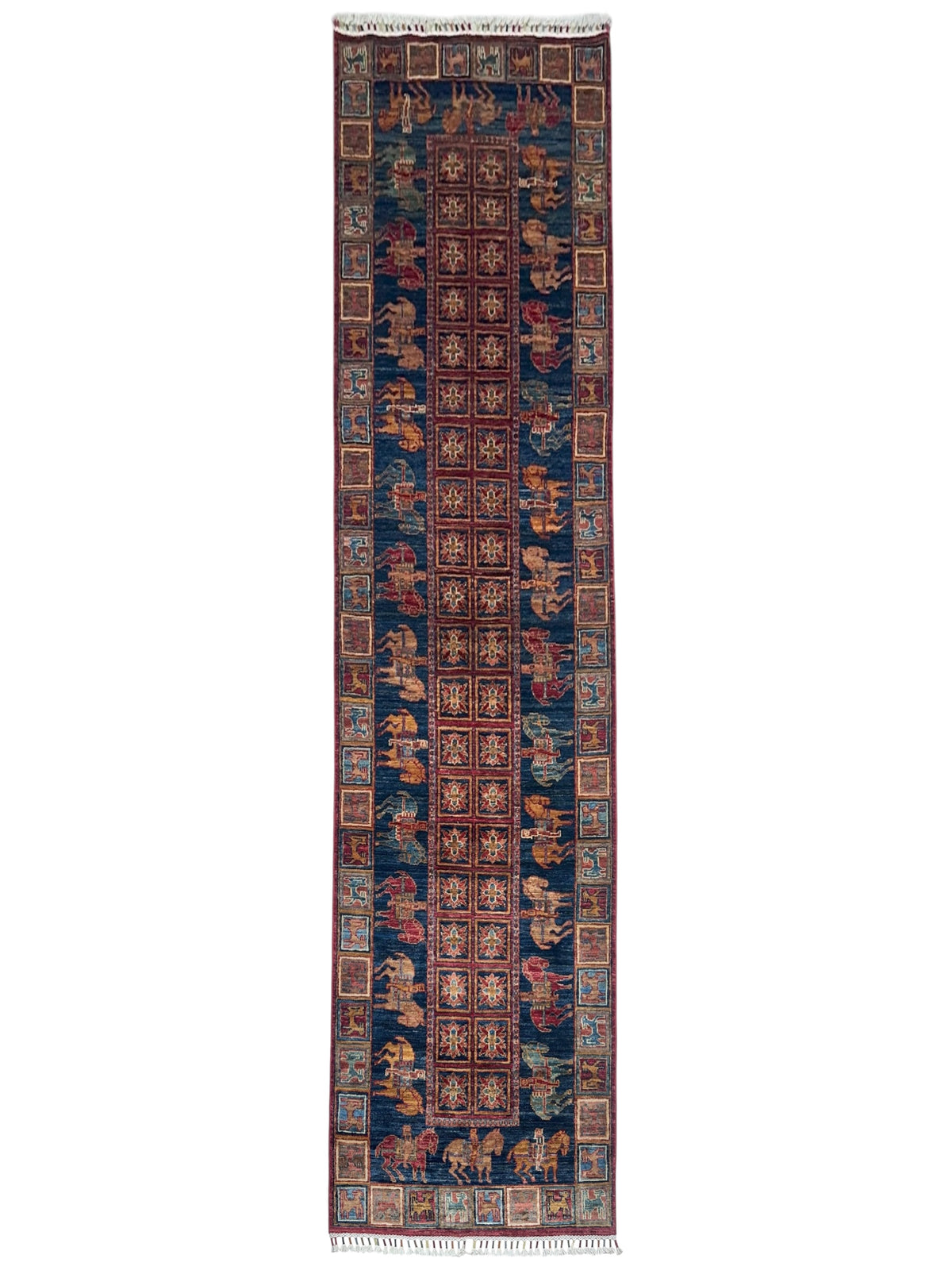 Afghan Chobi Runner 3x10, Red, Navy & Rust, Hand-Knotted Wool