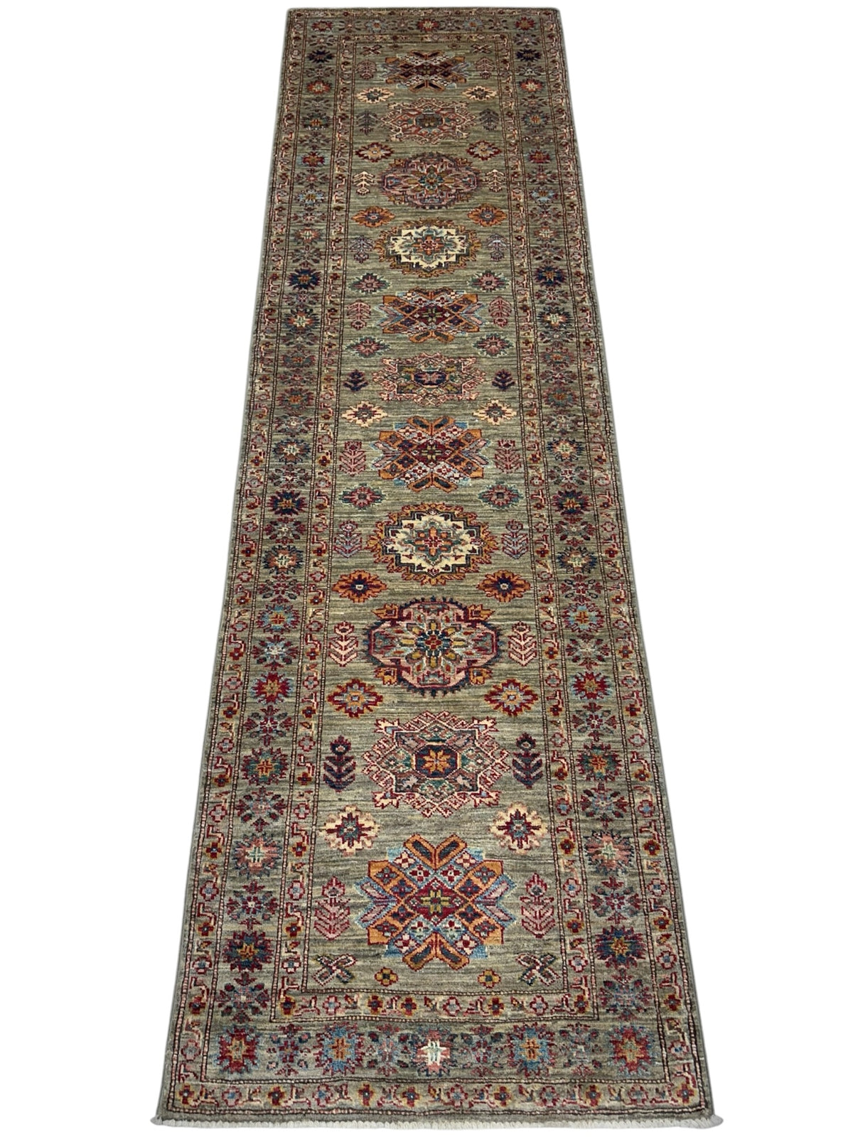Afghan Super Kazak Runner 2'7" x 9', Hand-Knotted Ghazni Wool, Gray, view 2