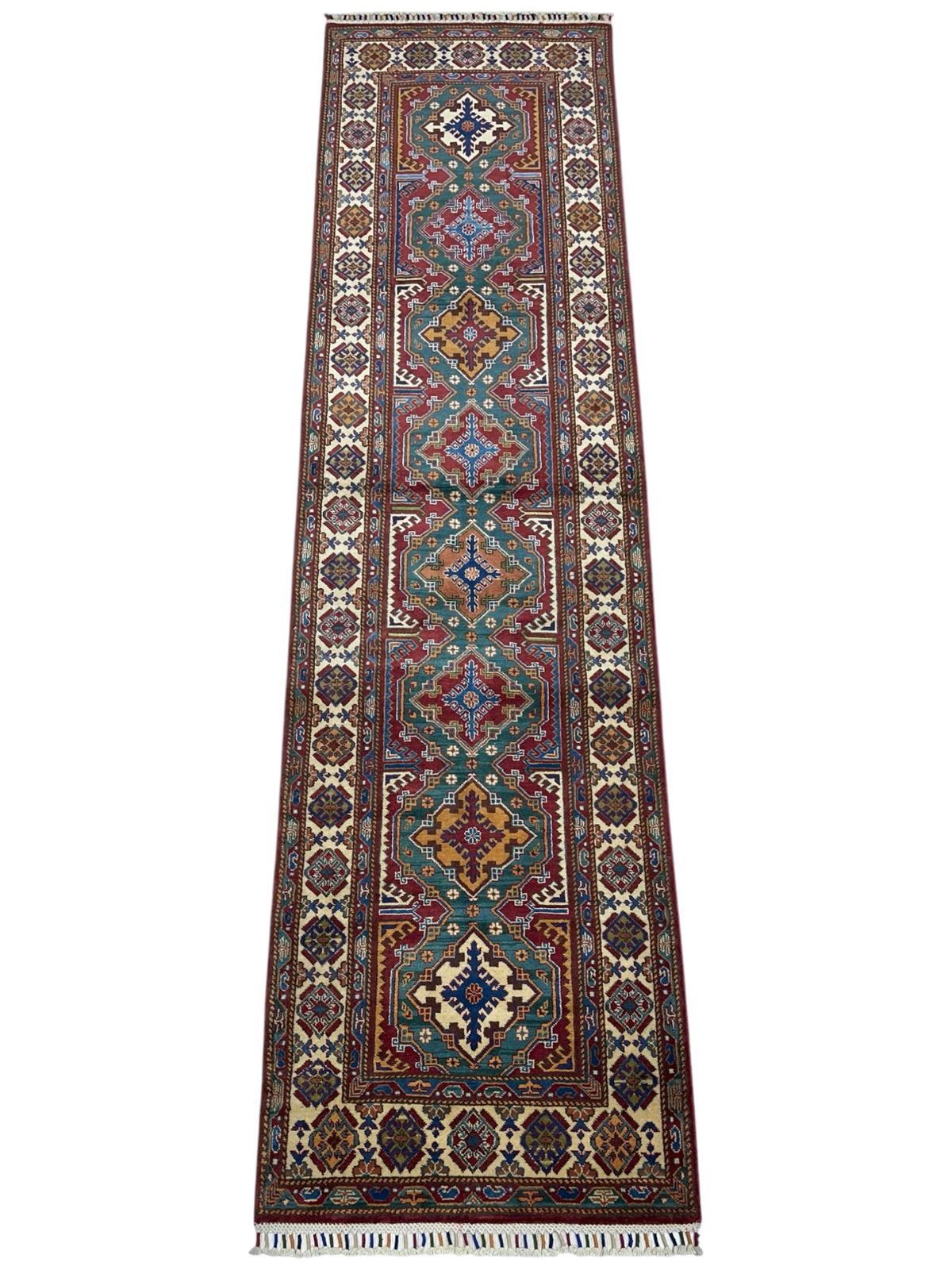 Afghan Super Kazak Runner 2'11" x 10'6", Hand-Knotted Wool, Cream, view 2