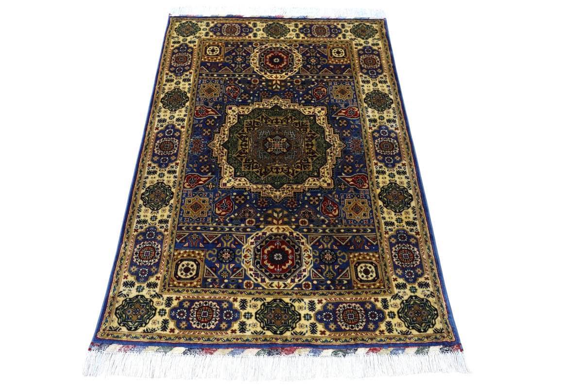 Afghan Mamluk Rug 4x5, Blue, Ivory & Gold, Hand-Knotted Wool, view 2