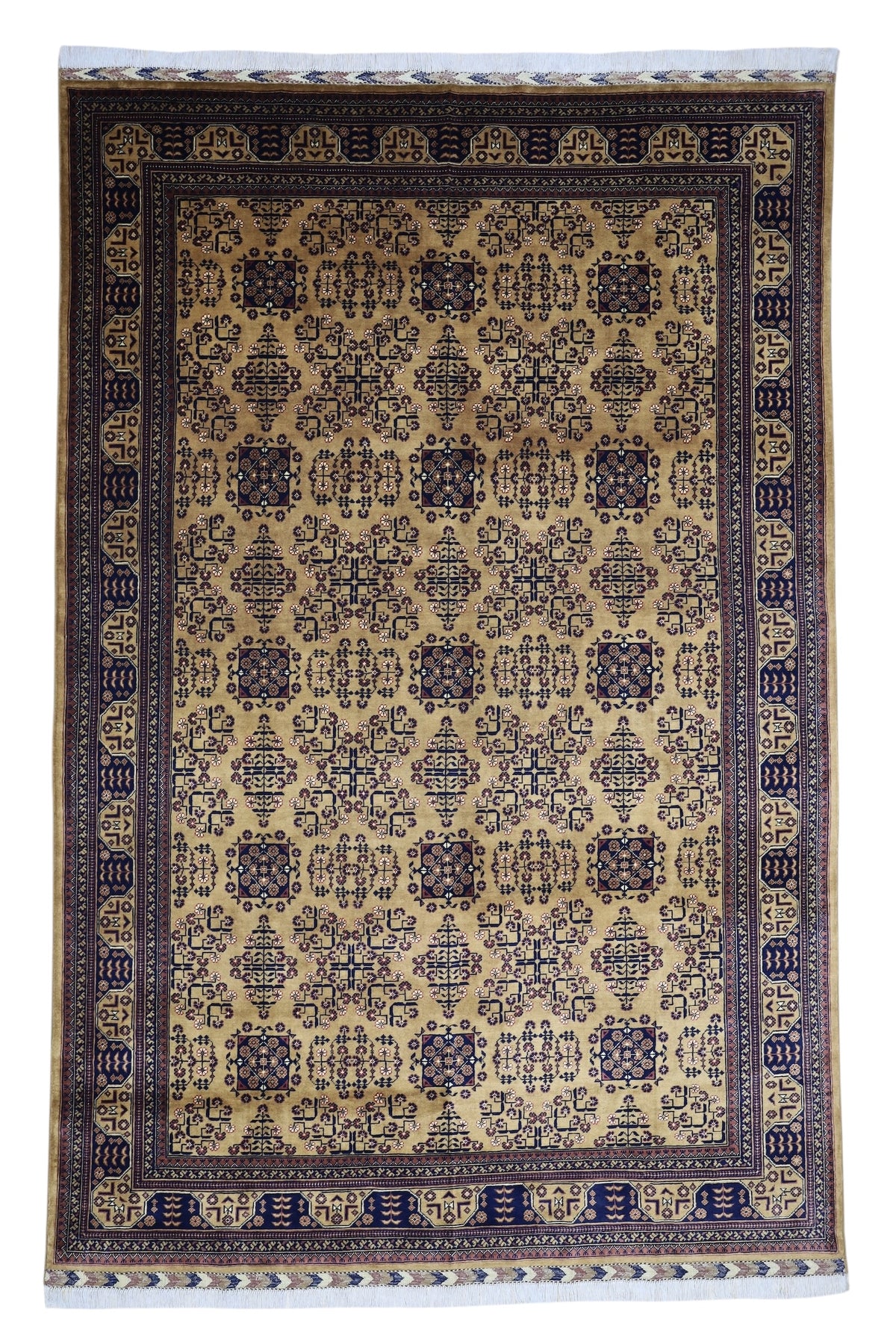Afghan Turkmen Rug 7x10, Beige, Navy & Gold, Hand-Knotted Wool
