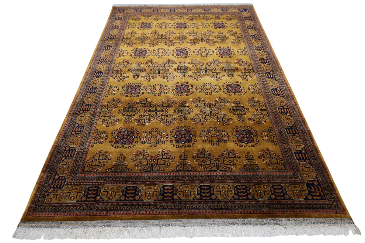Afghan Turkmen Rug 7x10, Gold, Brown & Navy, Hand-Knotted Wool, view 2