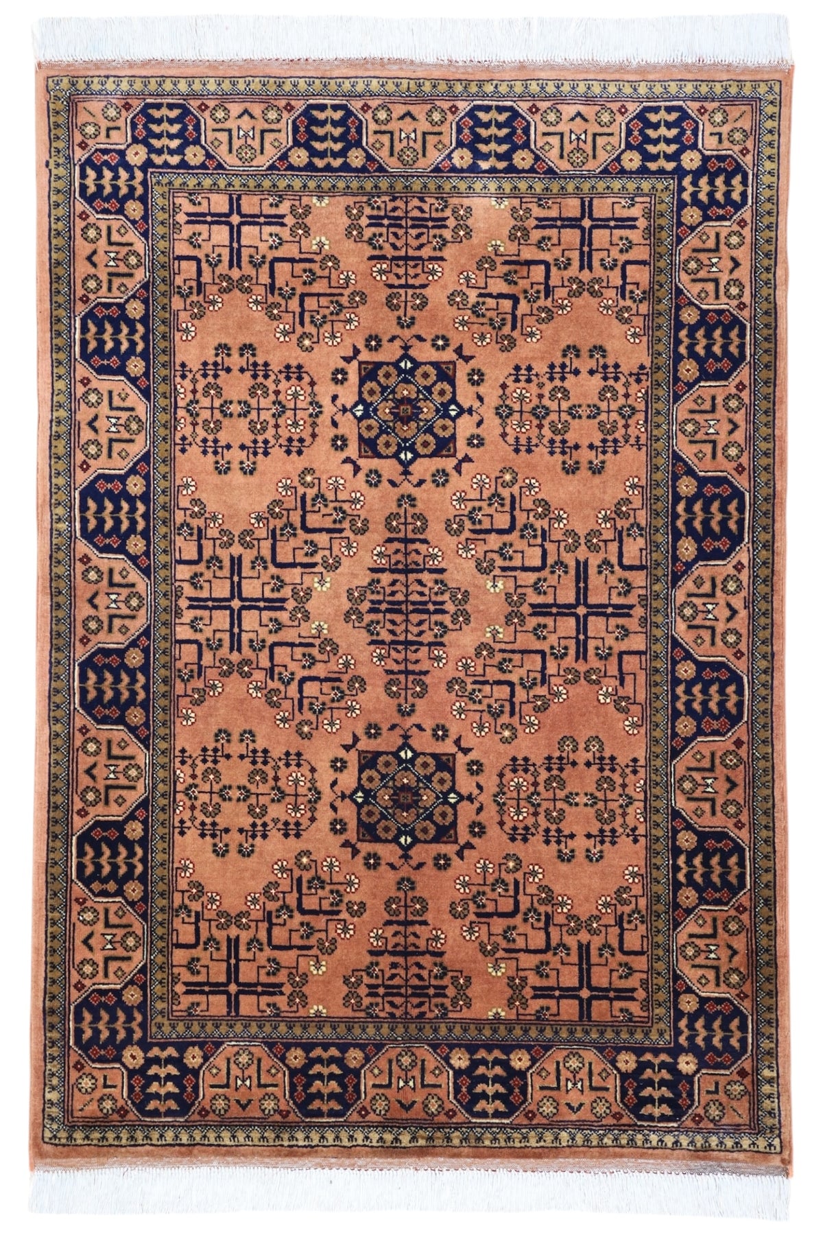 Afghan Bukhara Rug 3'5" x 4'9", Hand-Knotted Wool, Brown