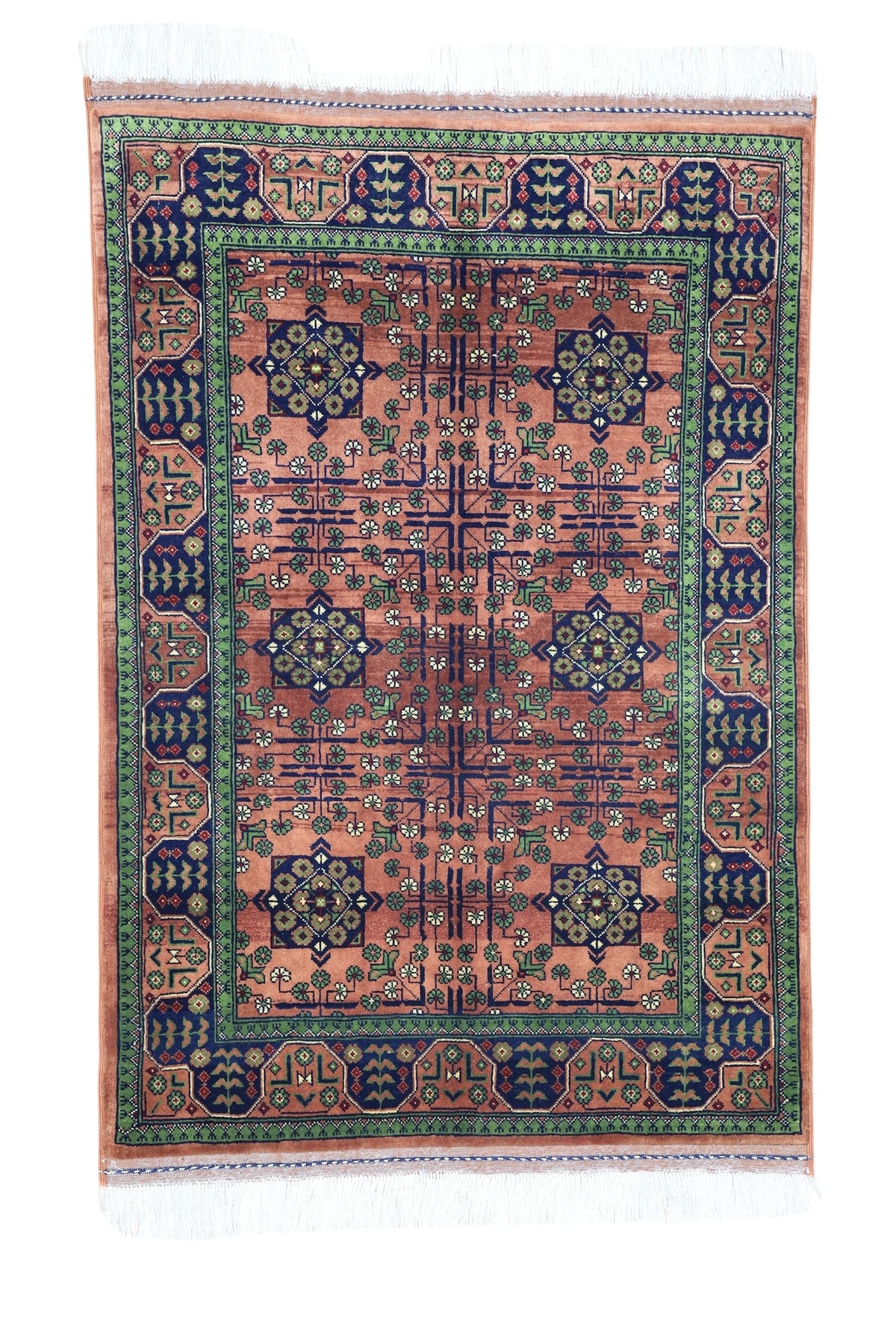 Afghan Bukhara Rug 3'5" x 4'10", Hand-Knotted Wool, Beige