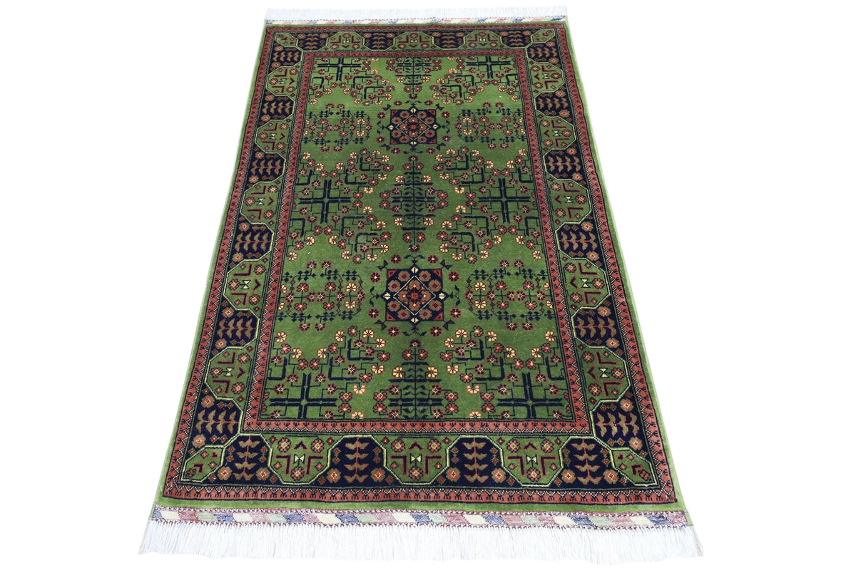 Afghan Bukhara Rug 3'4" x 5', Hand-Knotted Wool, Green, view 3