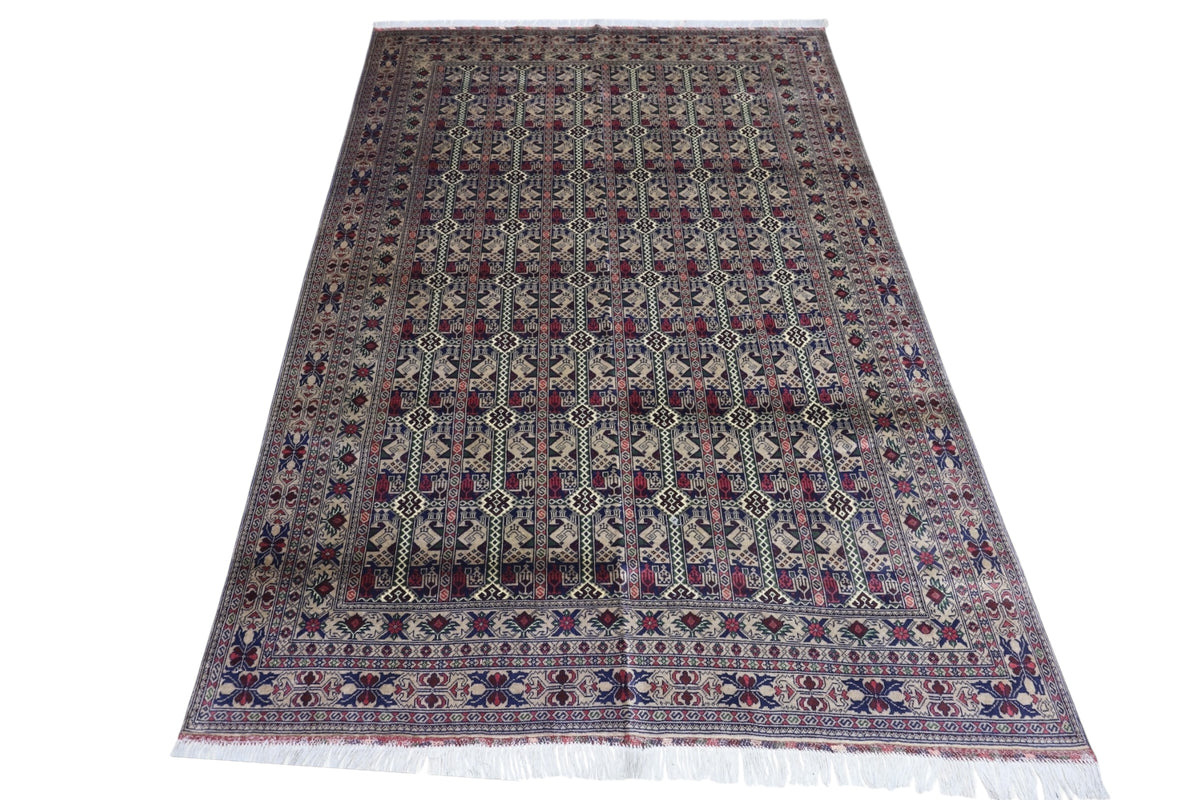 Afghan Rug 7x9, Gray, Navy & Burgundy, Hand-Knotted Wool, view 3