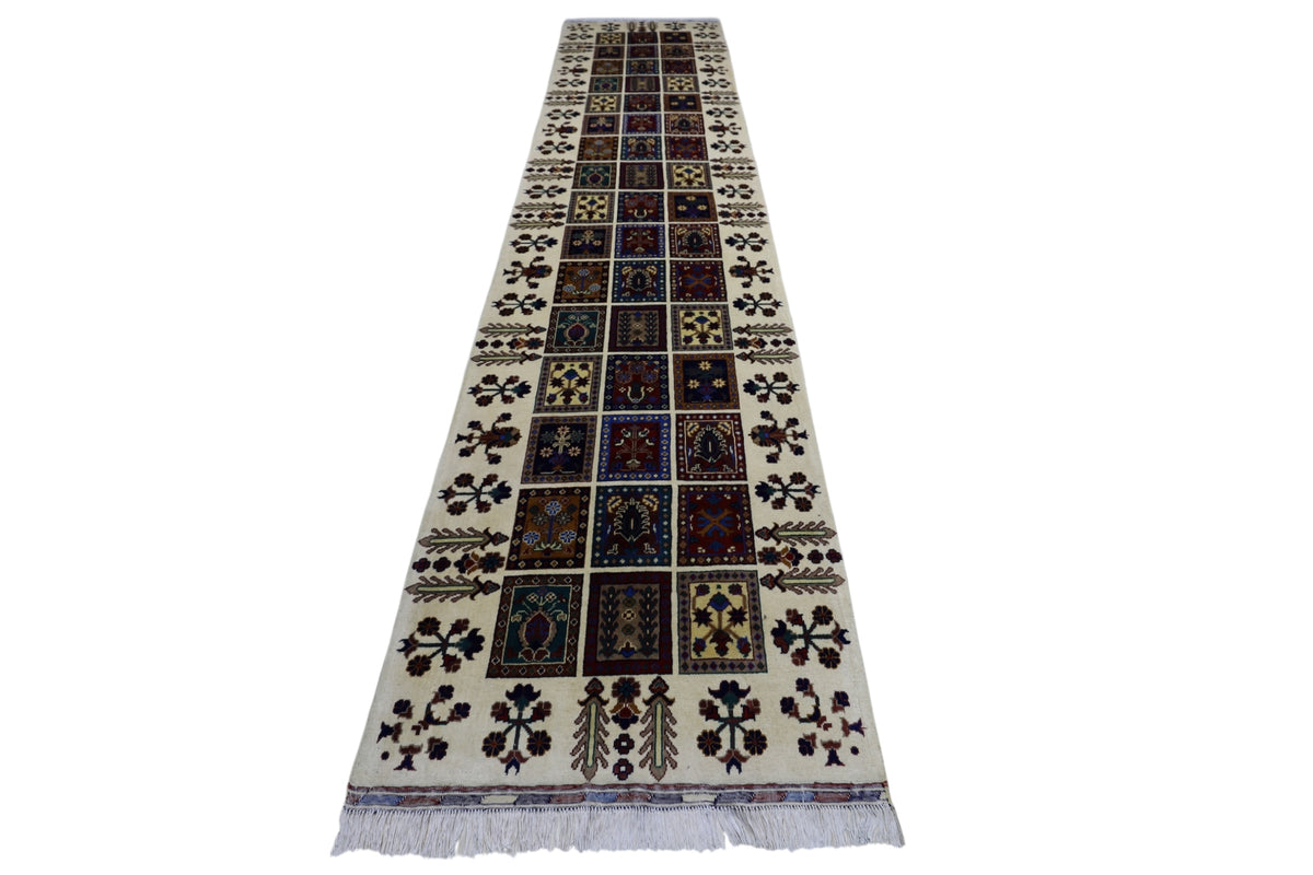 Afghan Bakhtiari Runner 3x13, Ivory, Burgundy & Navy, Hand-Knotted Wool, view 2