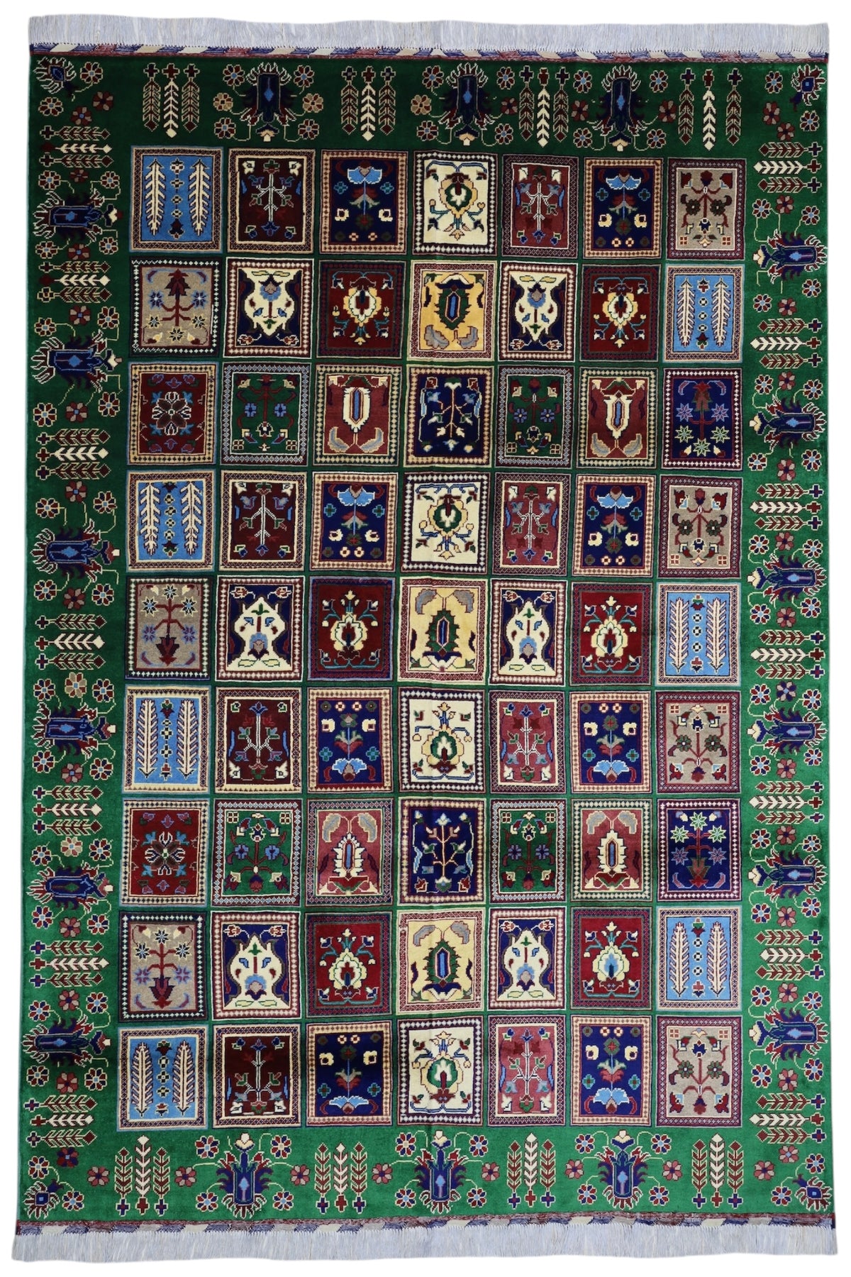 Afghan Bakhtiari Rug 7x9, Green, Red & Navy, Hand-Knotted Wool