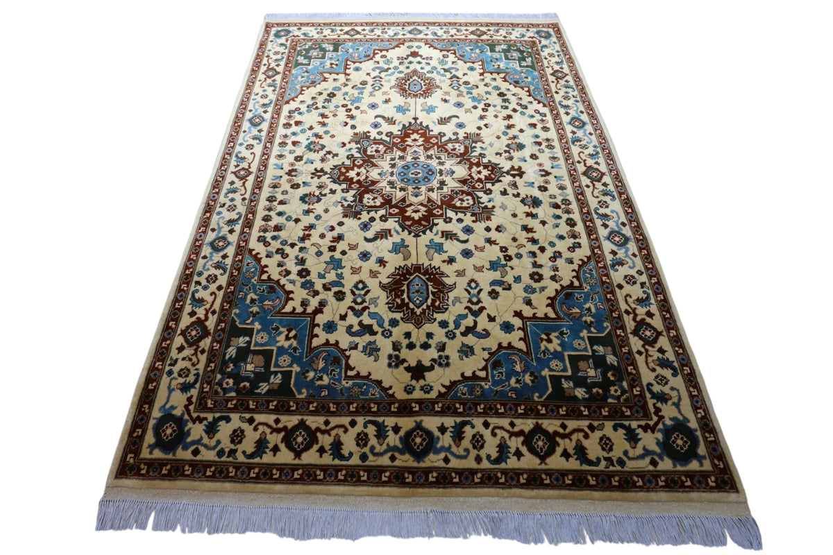 Afghan Rug 5x7, Ivory, Red & Navy, Hand-Knotted Wool, view 2