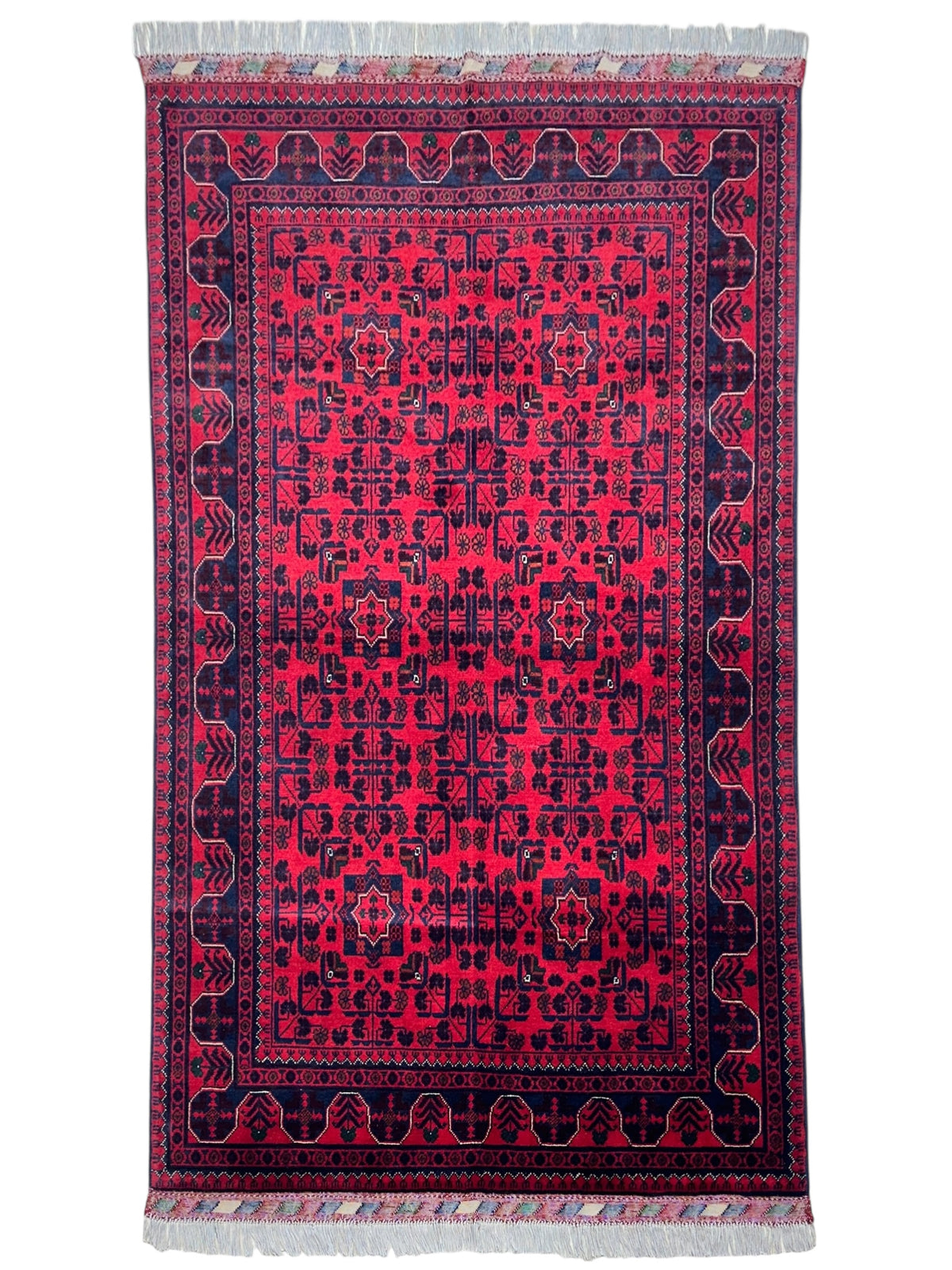 Afghan Turkmen Rug 4x7, Red, Navy & Burgundy, Hand-Knotted Wool