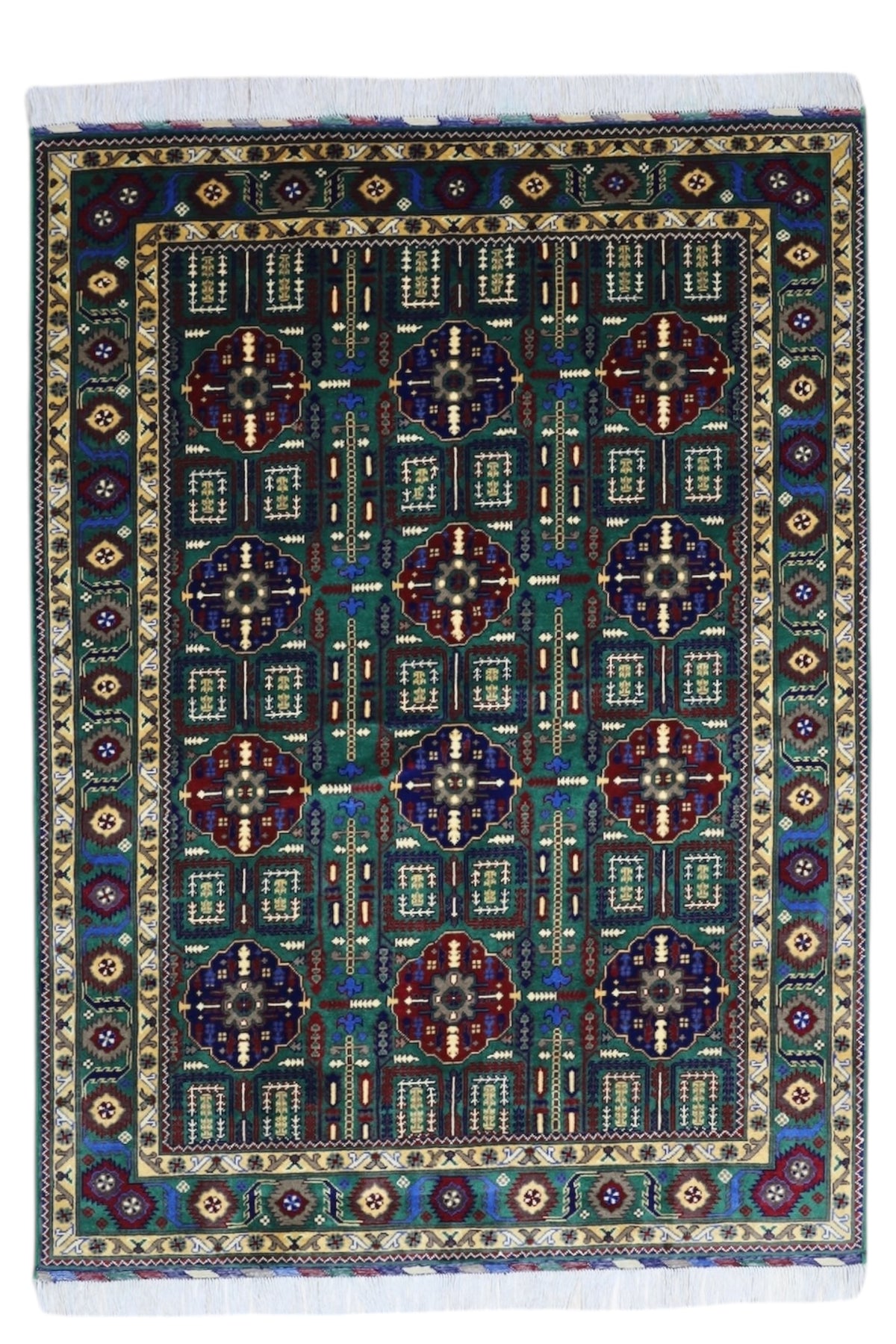 Afghan Gandom Rug 4'11" x 6'9", Hand-Knotted Wool, Cream, Gray & Red