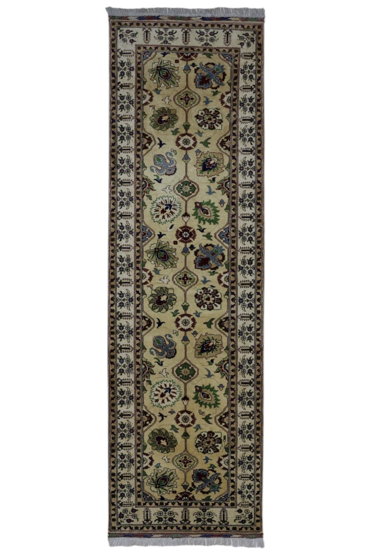 Afghan Runner 3x10, Beige, Ivory & Navy, Hand-Knotted Wool