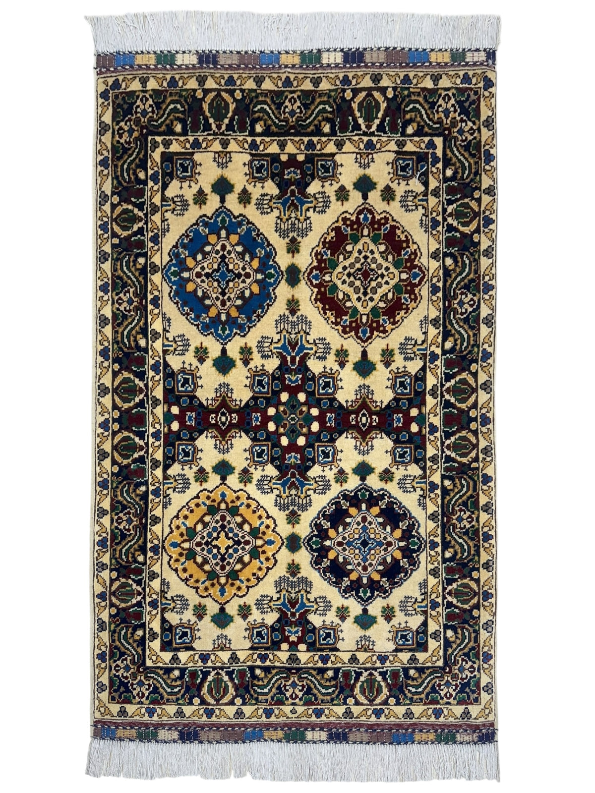 Afghan Kashi Rug 2'9" x 4'4", Hand-Knotted Wool, Blue, Cream & Red